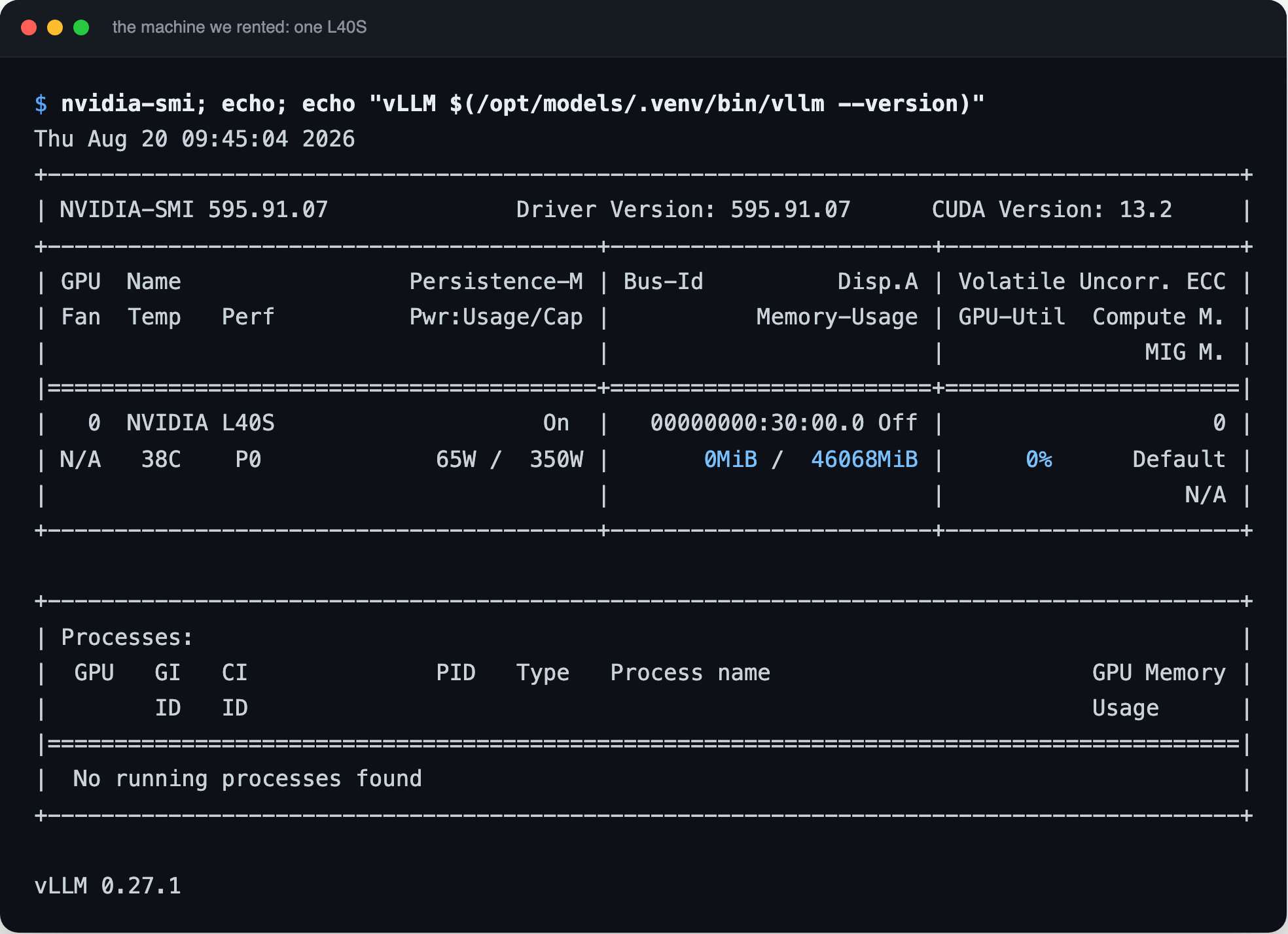 Terminal capture titled the machine we rented, one L40S, showing nvidia-smi output with driver version 595.91.07, CUDA version 13.2, a single NVIDIA L40S listed with 0 MiB of 46068 MiB memory in use and 0 percent utilisation, no running processes, and a final line reading vLLM 0.27.1