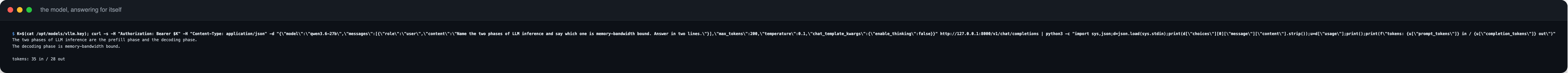 Terminal capture titled the model answering for itself, showing a curl request to the local vLLM chat completions endpoint with thinking disabled, the model replying with the two phases of LLM inference named as prefill and decode and identifying decode as the memory bandwidth bound phase, followed by a token usage line