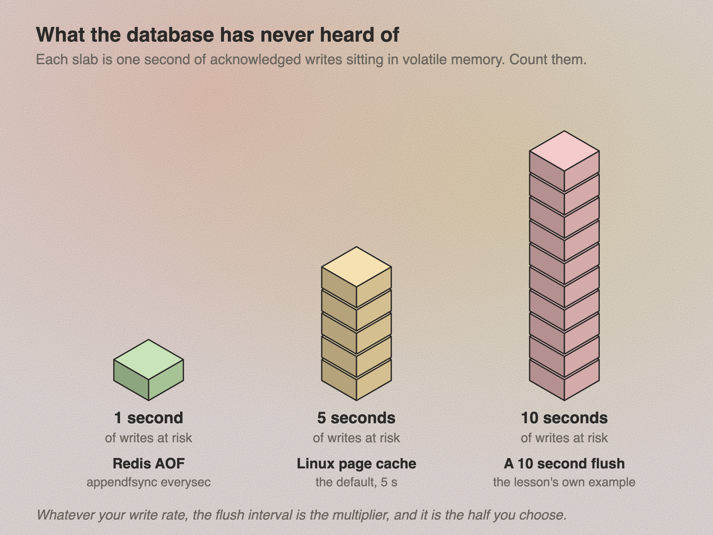 Three isometric stacks drawn to scale, each slab representing one second of acknowledged writes held in volatile memory. The first stack is a single slab labelled 1 second of writes at risk, annotated Redis AOF with appendfsync everysec. The second is five slabs labelled 5 seconds at risk, annotated Linux page cache, the default. The third is ten slabs labelled 10 seconds at risk, annotated as the lesson's own example of a 10 second flush.