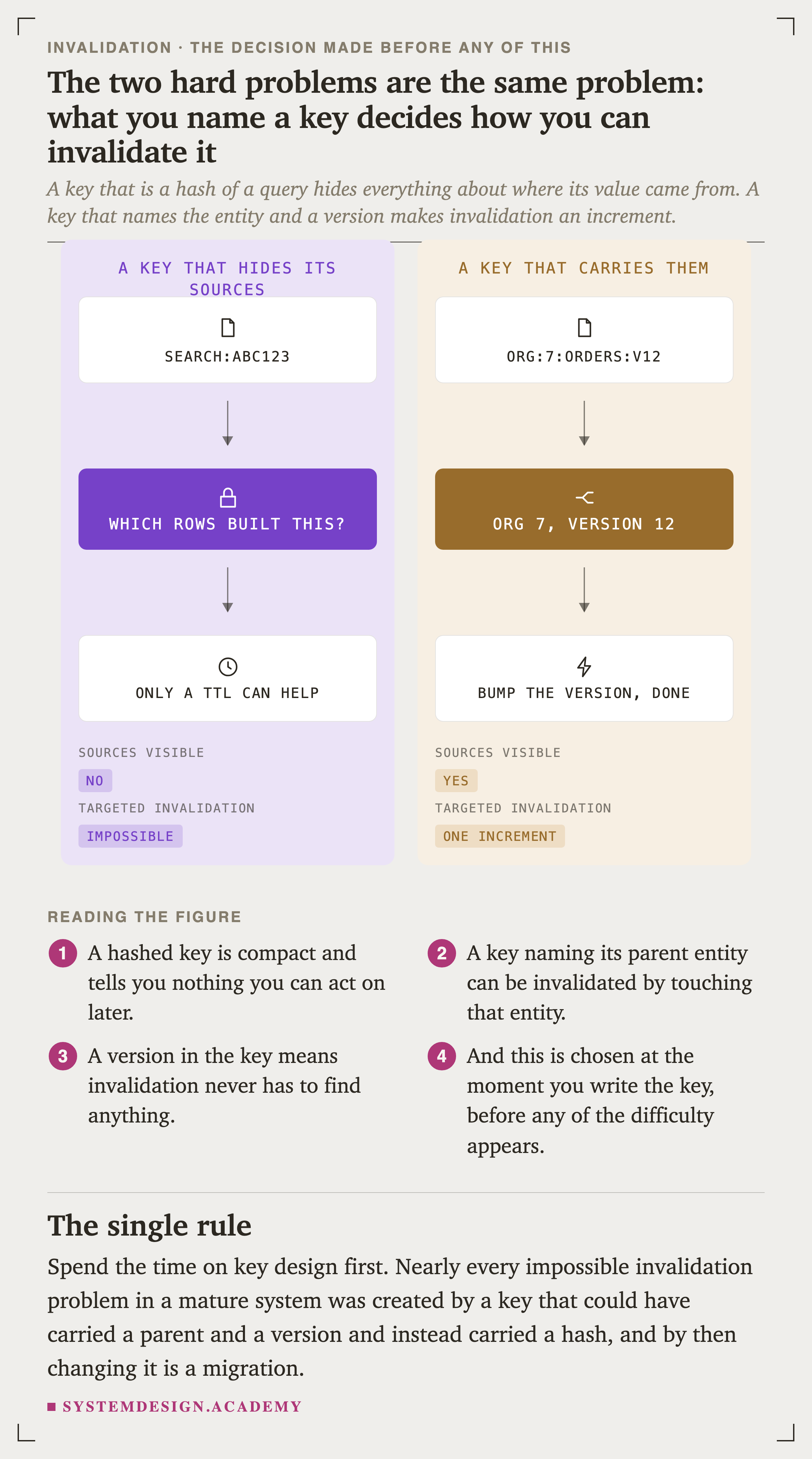 Two panels. The left, a key that hides its sources, shows search:abc123 and asks which rows built this, ending in only a TTL can help. Its key reads: sources visible no, targeted invalidation impossible. The right, a key that carries them, shows org:7:orders:v12 which names org 7 version 12, ending in bump the version and it is done. Its key reads: sources visible yes, targeted invalidation one increment.