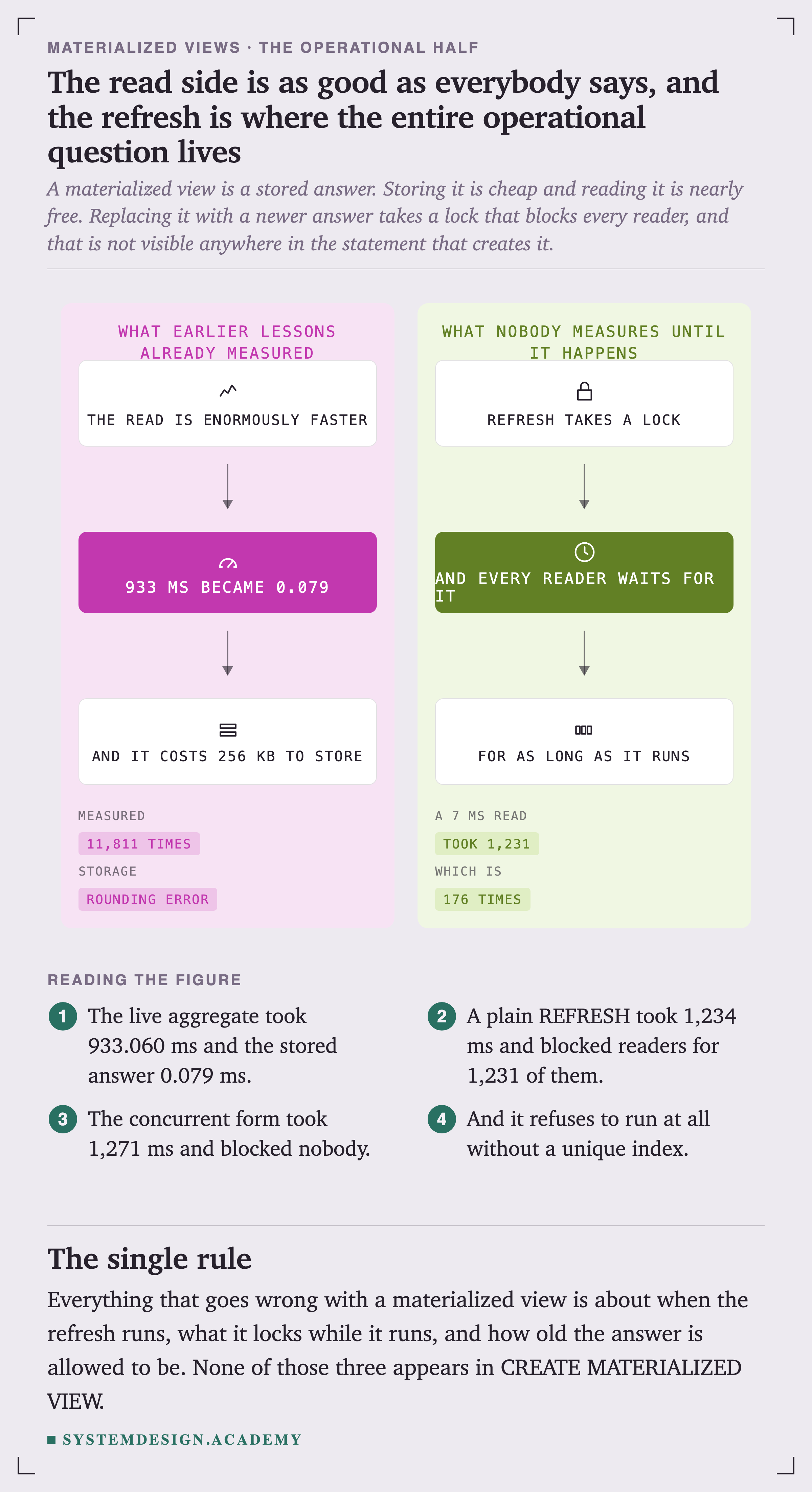Two panels. What earlier lessons already measured: the read is enormously faster, 933 ms became 0.079, and it costs 256 KB to store, measured at 11,811 times with storage that is rounding error. What nobody measures until it happens: REFRESH takes a lock, and every reader waits for it, for as long as it runs, where a 7 ms read took 1,231, which is 176 times.