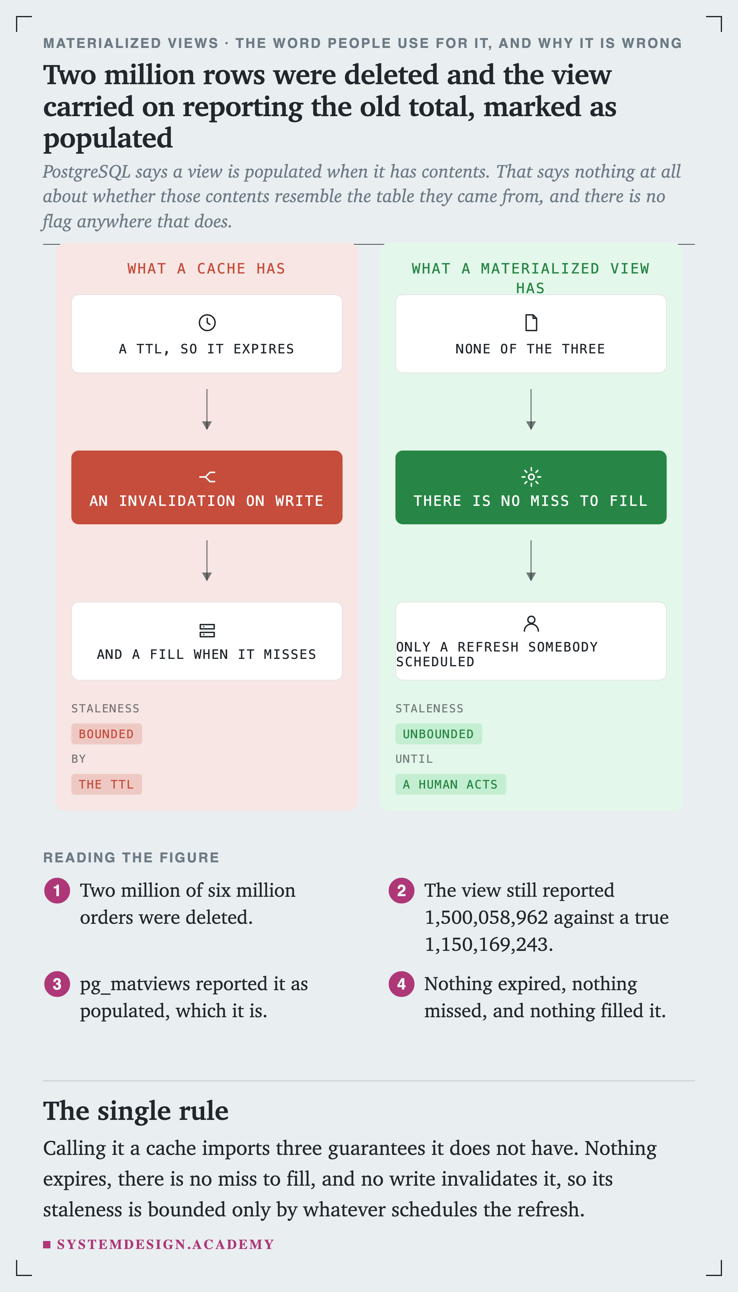 Two panels. What a cache has: a TTL so it expires, an invalidation on write, and a fill when it misses, so staleness is bounded by the TTL. What a materialized view has: none of the three, there is no miss to fill, only a REFRESH somebody scheduled, so staleness is unbounded until a human acts.