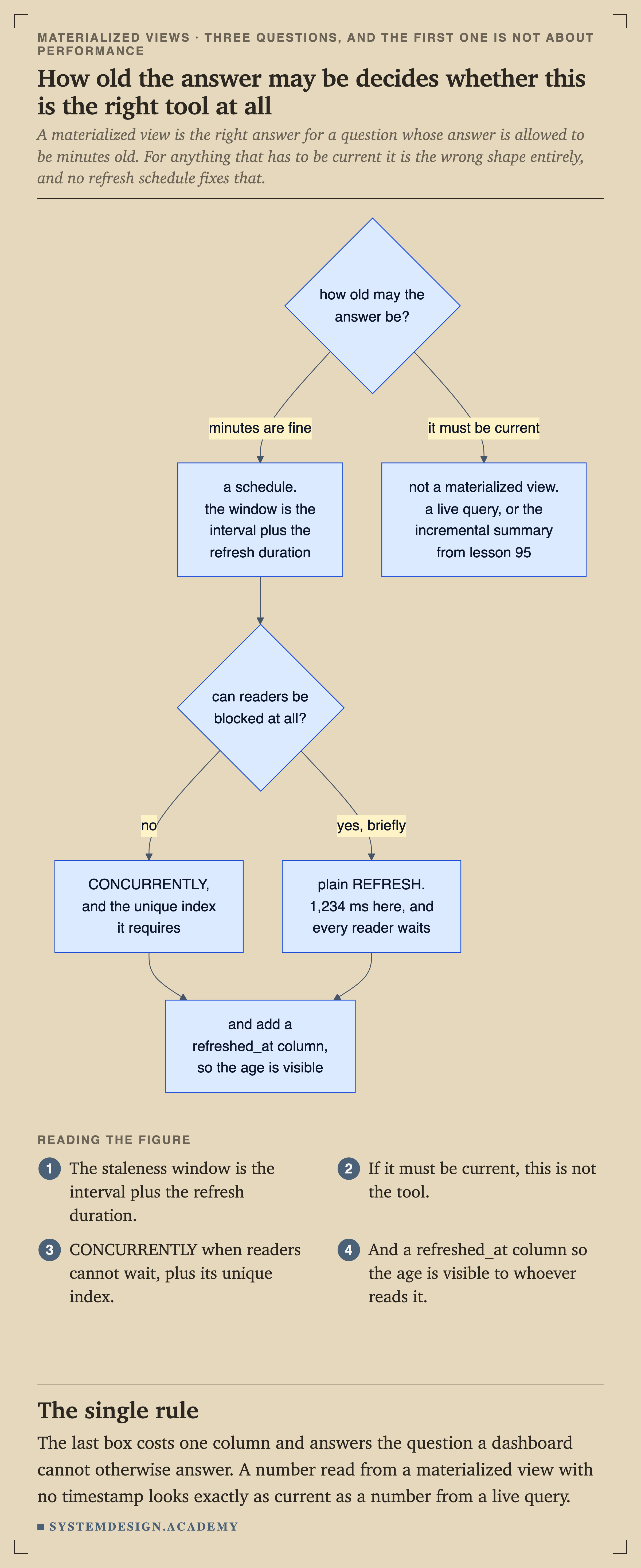 A decision flow chart. How old may the answer be? If minutes are fine, use a schedule, where the window is the interval plus the refresh duration. If it must be current, this is not a materialized view, so use a live query or the incremental summary from lesson 95. Then: can readers be blocked at all? If no, CONCURRENTLY and the unique index it requires. If yes briefly, a plain REFRESH at 1,234 ms here, where every reader waits. Both end at adding a refreshed_at column so the age is visible.