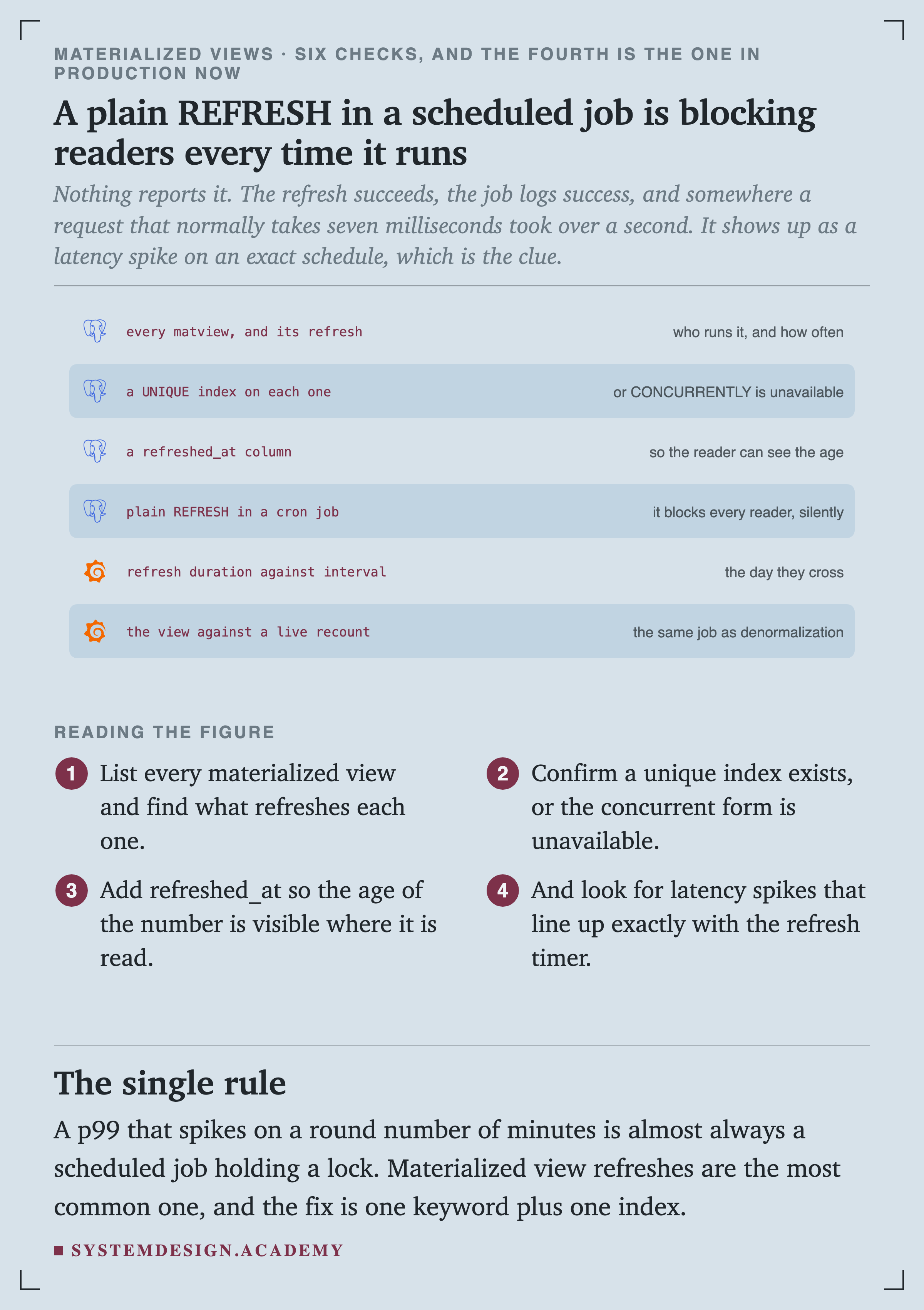 Six checks with product logos. Every matview and its refresh, for who runs it and how often. A UNIQUE index on each one, or CONCURRENTLY is unavailable. A refreshed_at column, so the reader can see the age. A plain REFRESH in a cron job, which blocks every reader silently. Refresh duration against interval, for the day they cross. And the view against a live recount, which is the same job as denormalization.