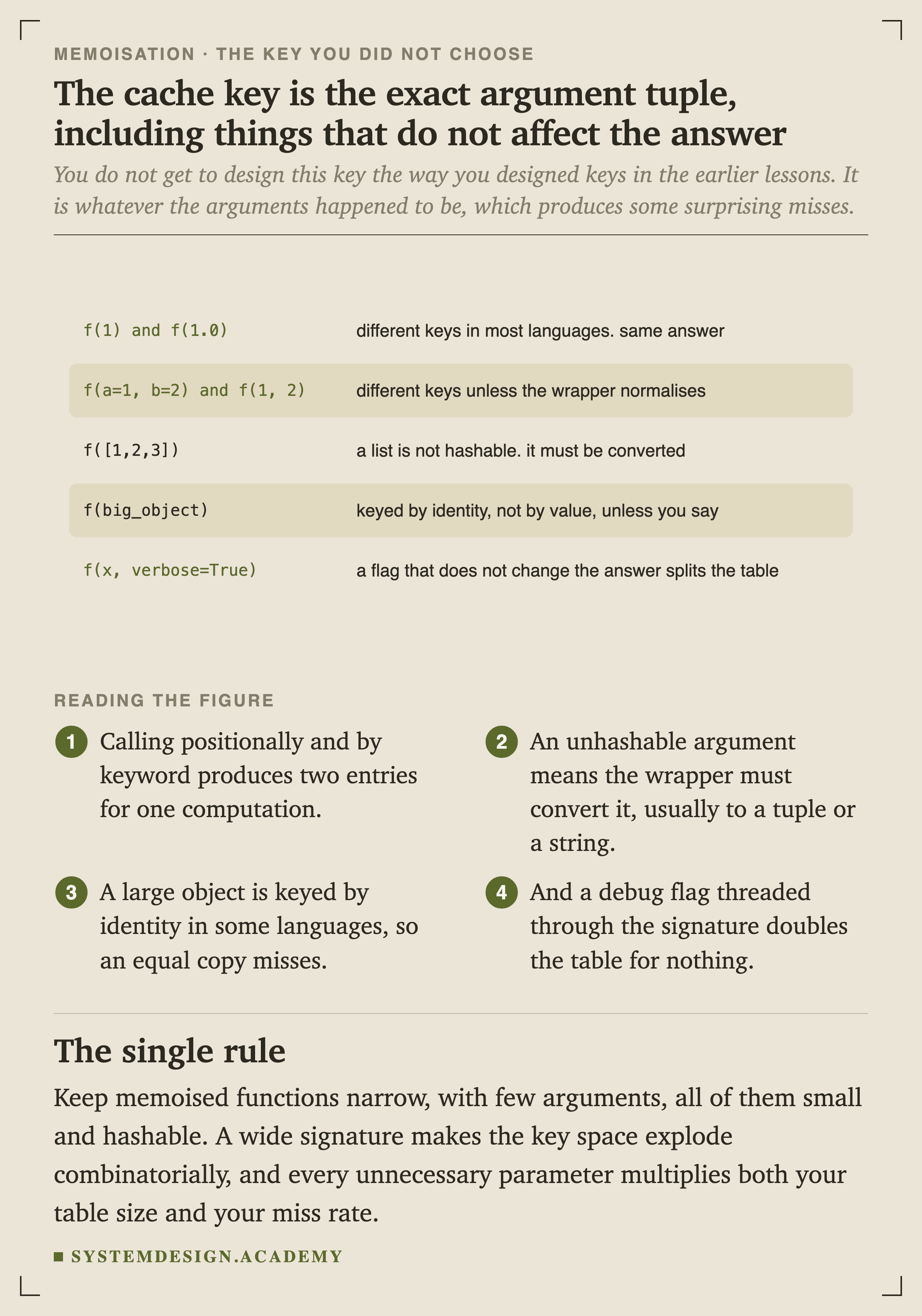 Five key patterns. f(1) and f(1.0) are different keys in most languages despite the same answer. f with keyword arguments and f positional are different keys unless the wrapper normalises. A list argument is not hashable and must be converted. A large object is keyed by identity rather than value unless you say otherwise. A flag that does not change the answer splits the table.