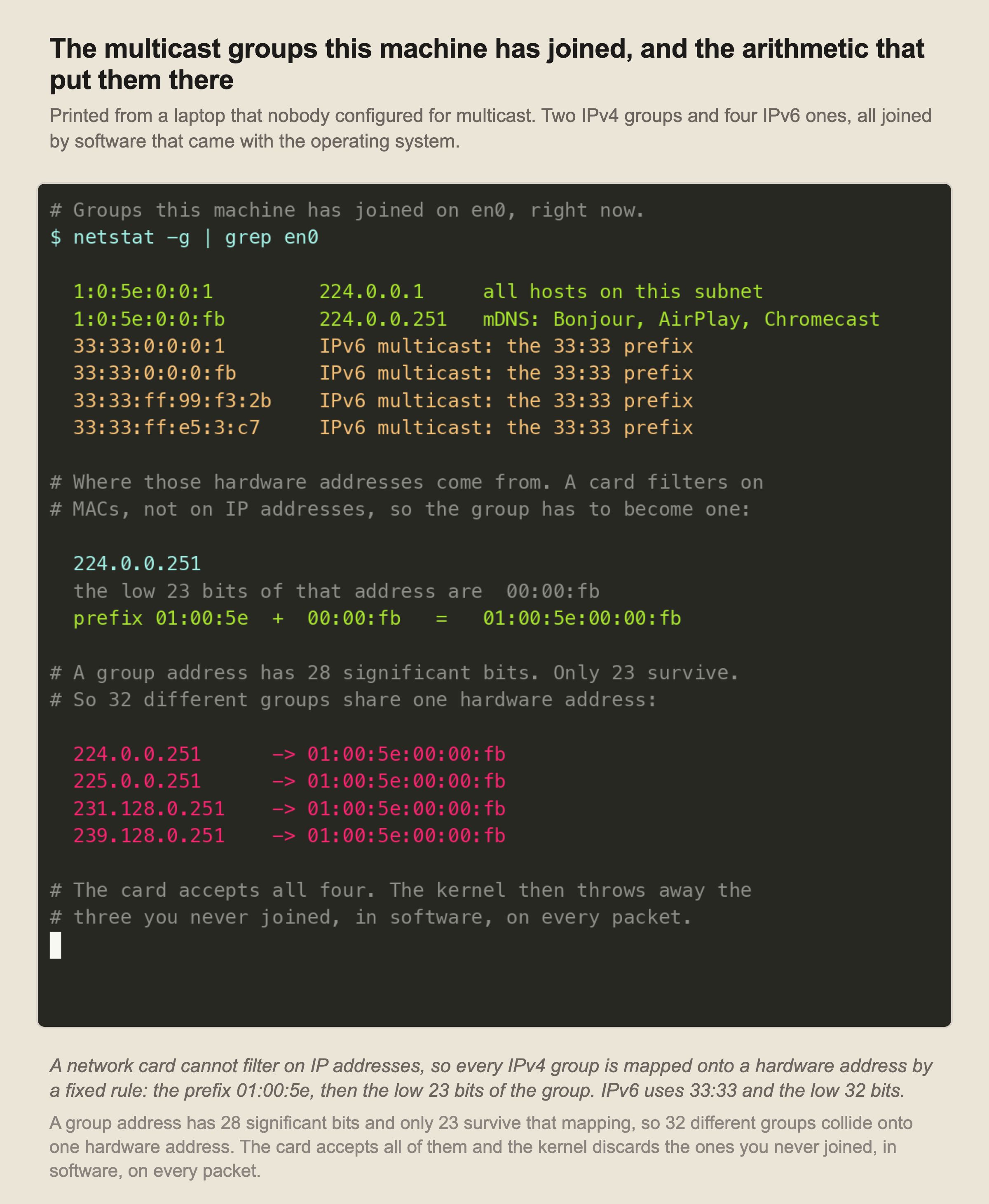 A recorded terminal session. netstat -g shows the multicast groups this machine has joined on en0: 01:00:5e:00:00:01 which is 224.0.0.1 all hosts on this subnet, 01:00:5e:00:00:fb which is 224.0.0.251 mDNS for Bonjour AirPlay and Chromecast, and four IPv6 groups with the 33:33 prefix. The session then works through the mapping: the low 23 bits of 224.0.0.251 are 00:00:fb, so prefix 01:00:5e plus that gives 01:00:5e:00:00:fb. Finally four group addresses, 224.0.0.251, 225.0.0.251, 231.128.0.251 and 239.128.0.251, are all shown mapping to the same hardware address.