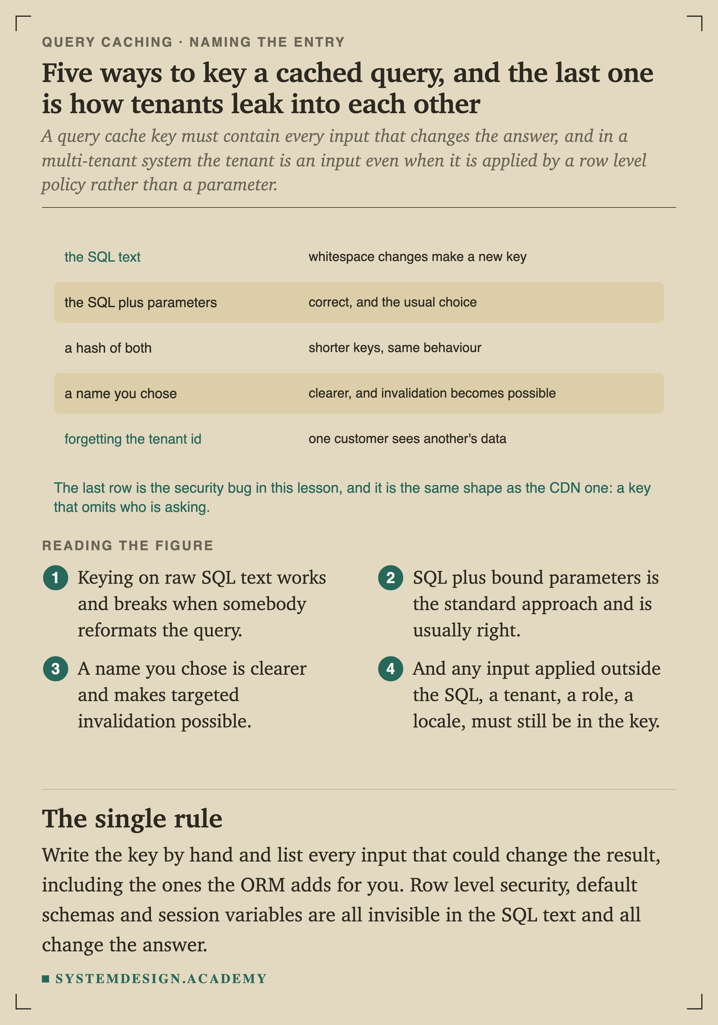 Five ways to key a cached query. The SQL text, where whitespace changes make a new key. The SQL plus parameters, which is correct and the usual choice. A hash of both, giving shorter keys with the same behaviour. A name you chose, which is clearer and makes invalidation possible. Forgetting the tenant id, where one customer sees another's data.