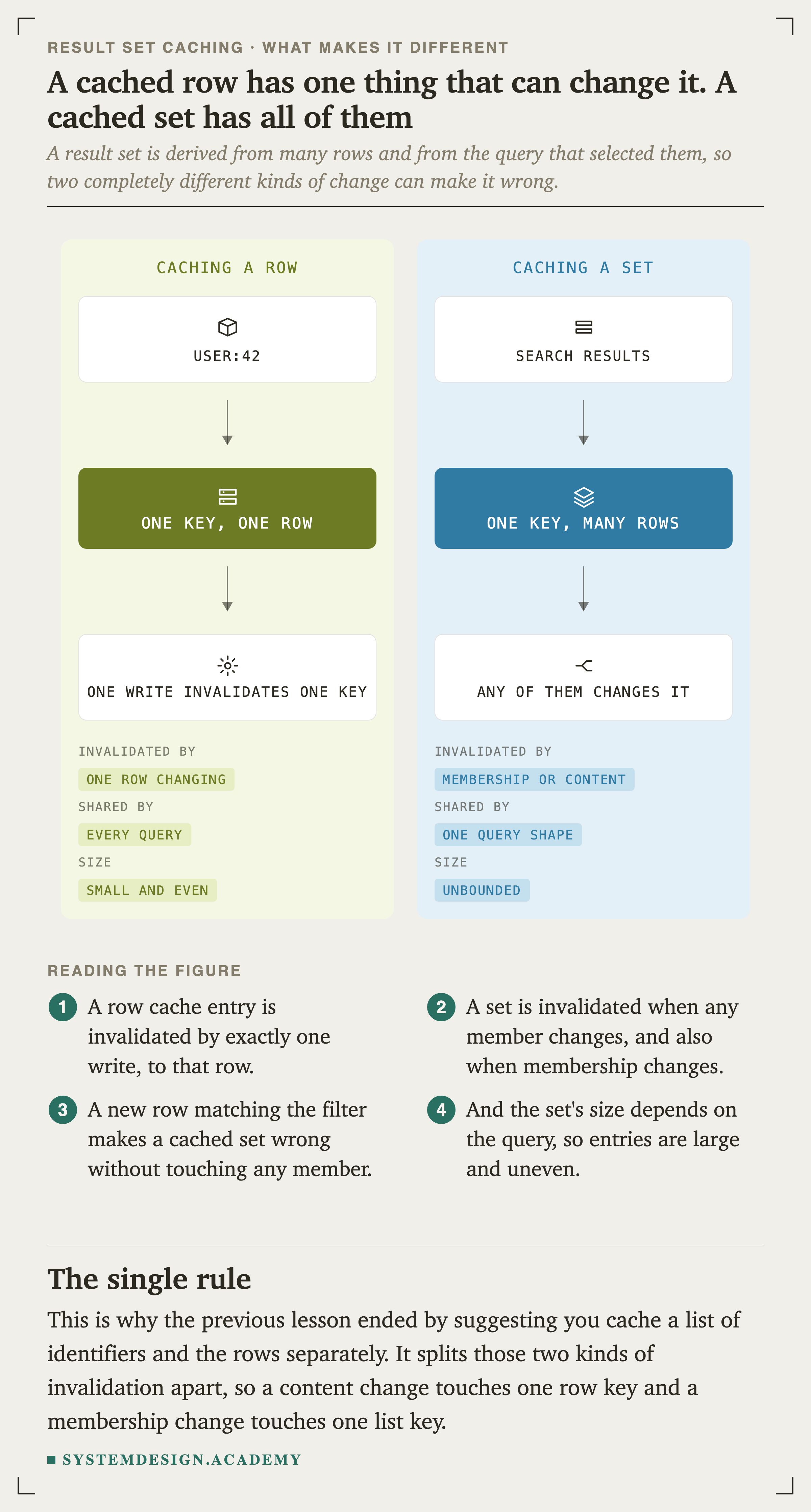 Two panels. The left, caching a row, shows user:42 as one key with one row, where one write invalidates one key. Its key reads: invalidated by one row changing, shared by every query, size small and even. The right, caching a set, shows search results as one key with many rows, where any of them changes it. Its key reads: invalidated by membership or content, shared by one query shape, size unbounded.