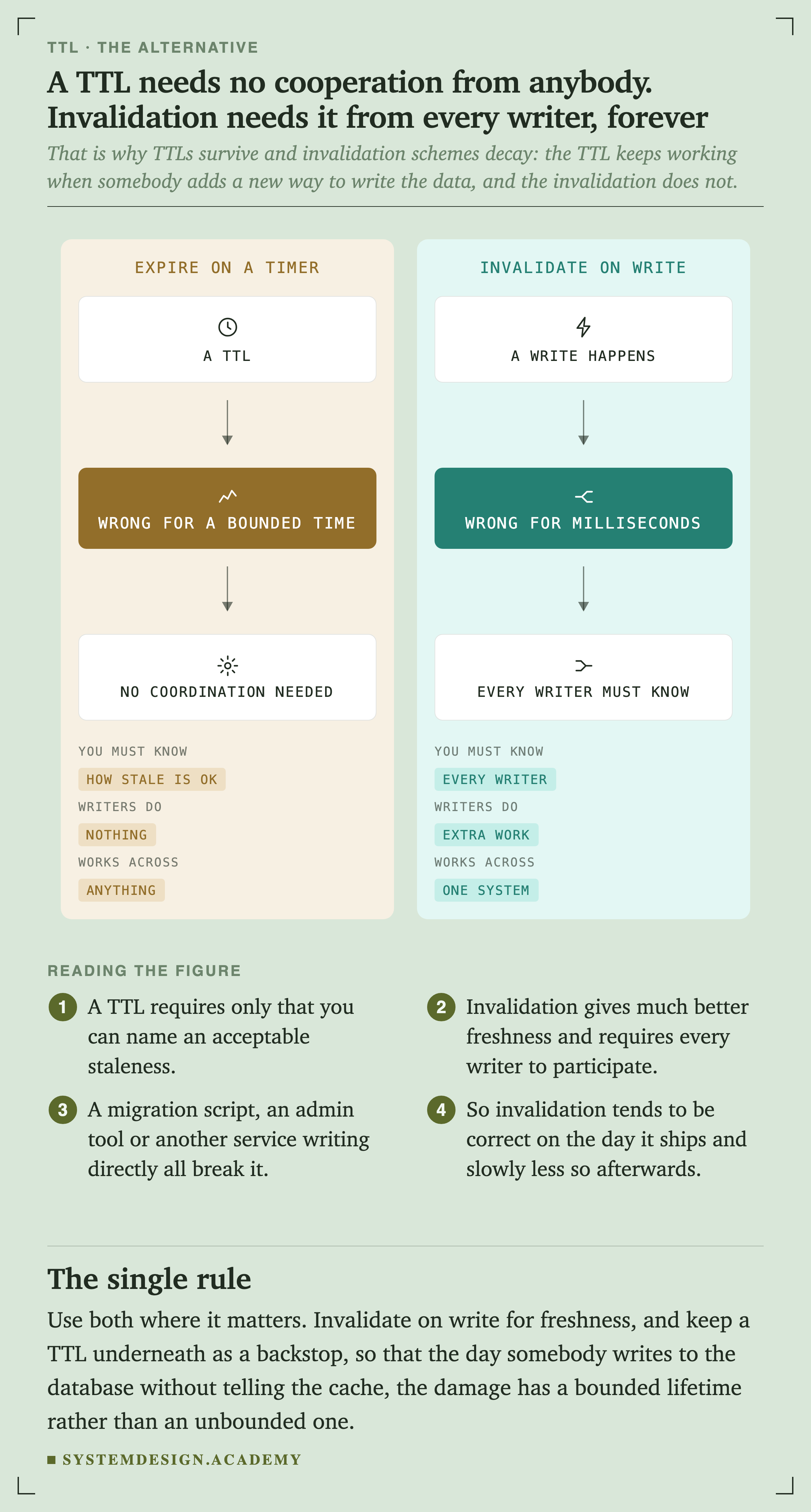 Two panels. The left, expire on a timer, shows a TTL leading to being wrong for a bounded time, with no coordination needed. Its key reads: you must know how stale is ok, writers do nothing, works across anything. The right, invalidate on write, shows a write leading to being wrong for milliseconds, with every writer needing to know. Its key reads: you must know every writer, writers do extra work, works across one system.