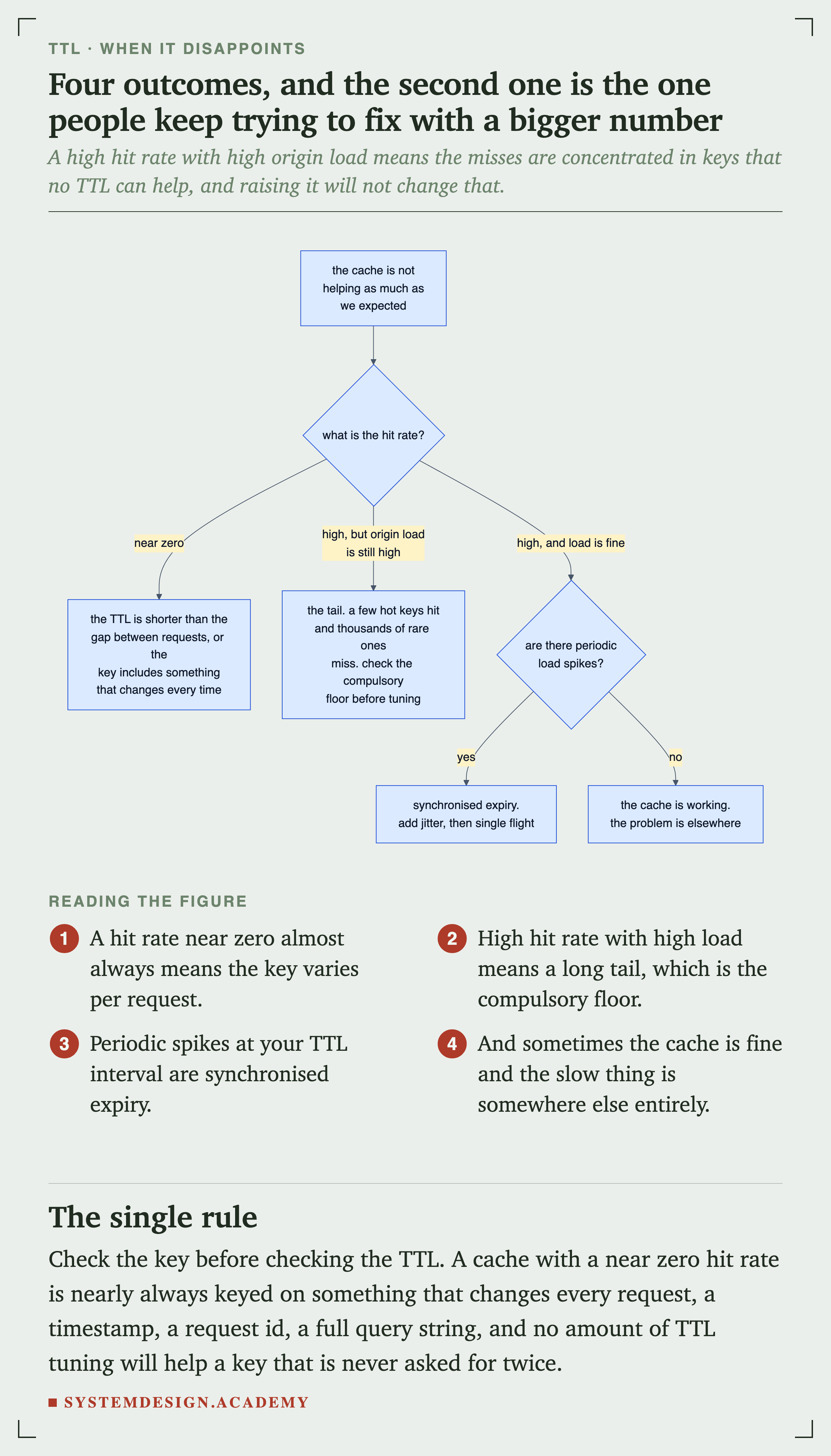 A flowchart for a cache that is not helping as much as expected. A hit rate near zero means the TTL is shorter than the gap between requests, or the key includes something that changes every time. A high hit rate with high origin load means the tail: a few hot keys hit and thousands of rare ones miss, so check the compulsory floor before tuning. A high hit rate with acceptable load and periodic spikes means synchronised expiry, so add jitter then single flight. Otherwise the cache is working and the problem is elsewhere.