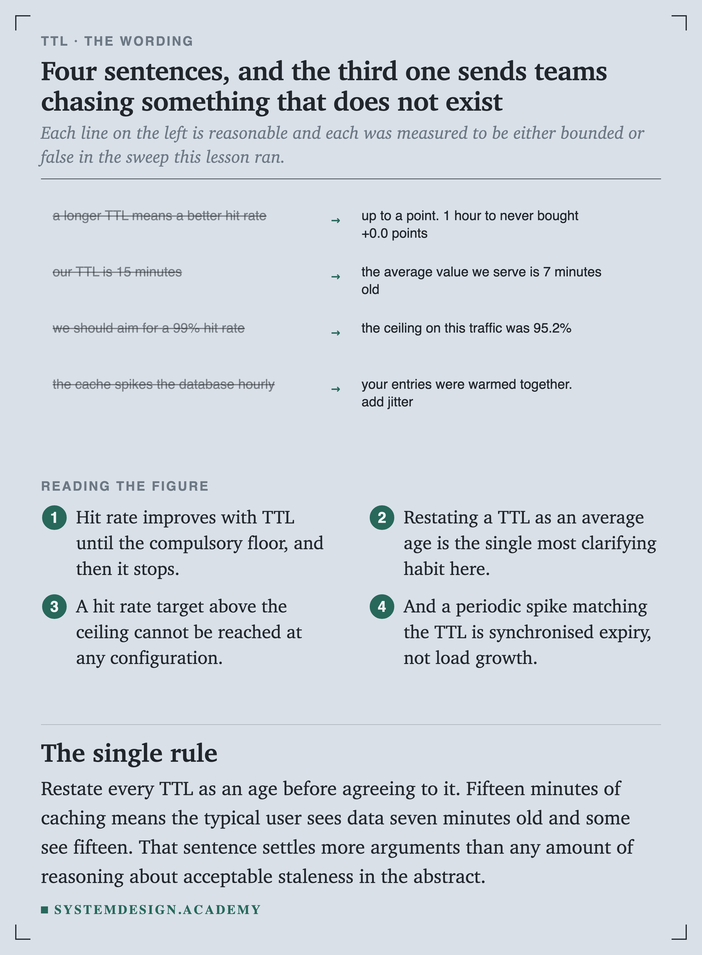Four pairs of sentences. A longer TTL means a better hit rate becomes up to a point, since 1 hour to never bought plus 0.0 points. Our TTL is 15 minutes becomes the average value we serve is 7 minutes old. We should aim for a 99 percent hit rate becomes the ceiling on this traffic was 95.2 percent. The cache spikes the database hourly becomes your entries were warmed together, add jitter.