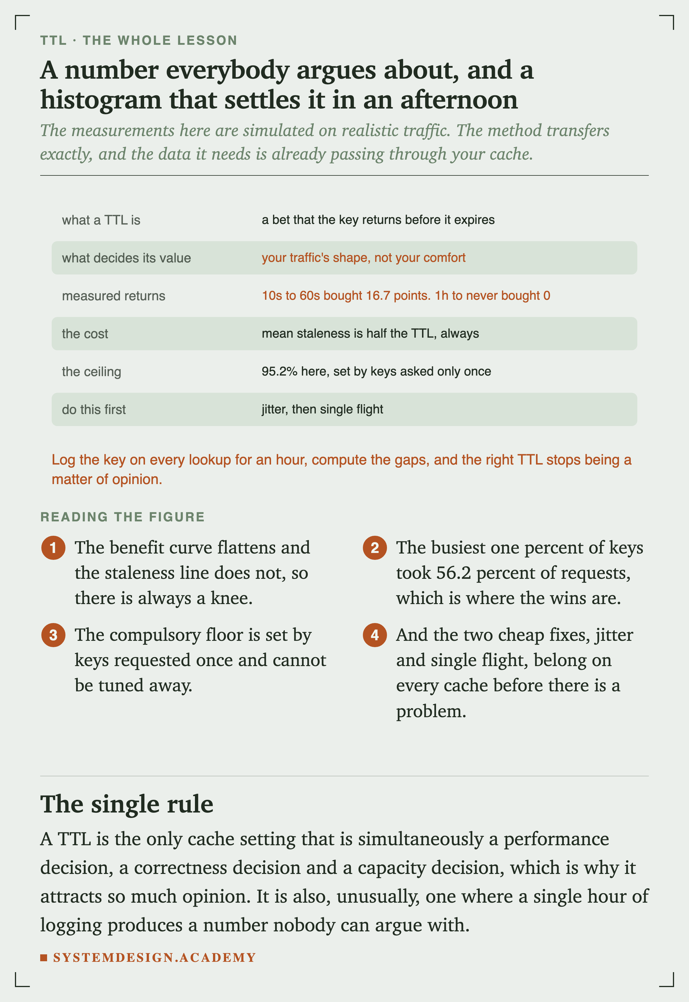 Six rows summarising the lesson. What a TTL is: a bet that the key returns before it expires. What decides its value: your traffic's shape, not your comfort. Measured returns: 10s to 60s bought 16.7 points, 1h to never bought 0. The cost: mean staleness is half the TTL, always. The ceiling: 95.2 percent here, set by keys asked only once. Do this first: jitter, then single flight.