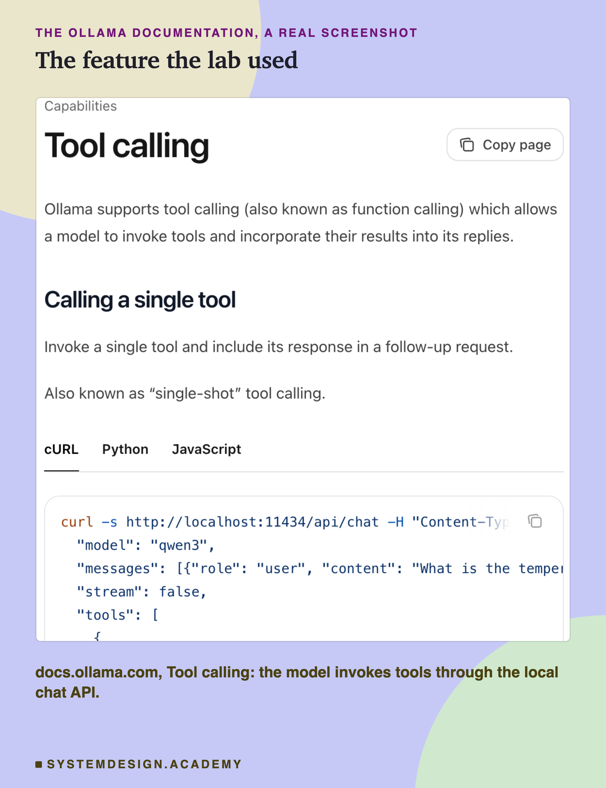 A real screenshot of the Ollama documentation page on tool calling. It says Ollama supports tool calling, also known as function calling, which allows a model to invoke tools and incorporate their results into its replies, and shows a curl request to the local chat API with a tools list.