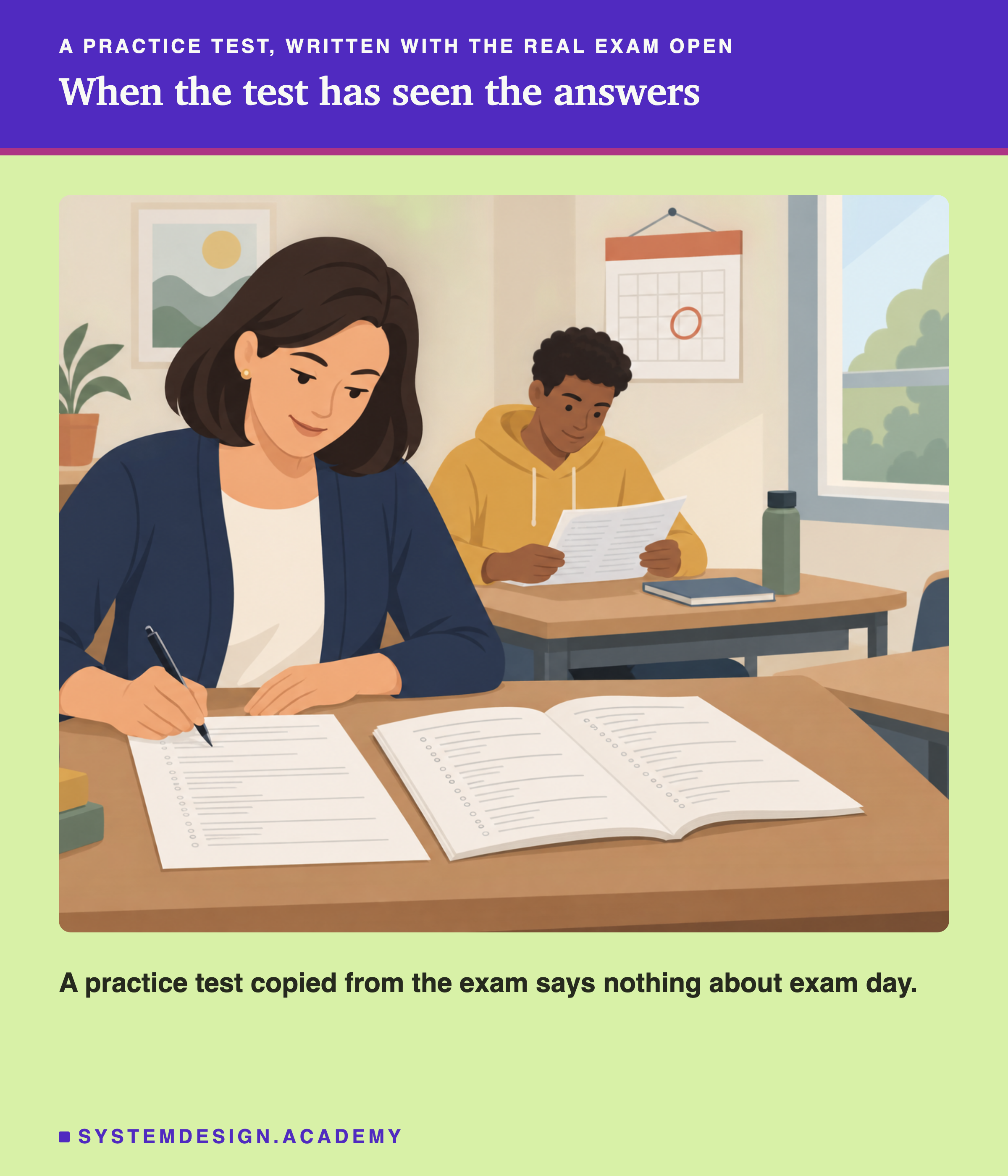 A flat illustration of a classroom. A teacher at the front desk writes a test sheet, with an open booklet of questions lying beside it. Behind her, a student reads a test sheet. A calendar on the wall has one day circled. Below the scene: A practice test copied from the exam says nothing about exam day.
