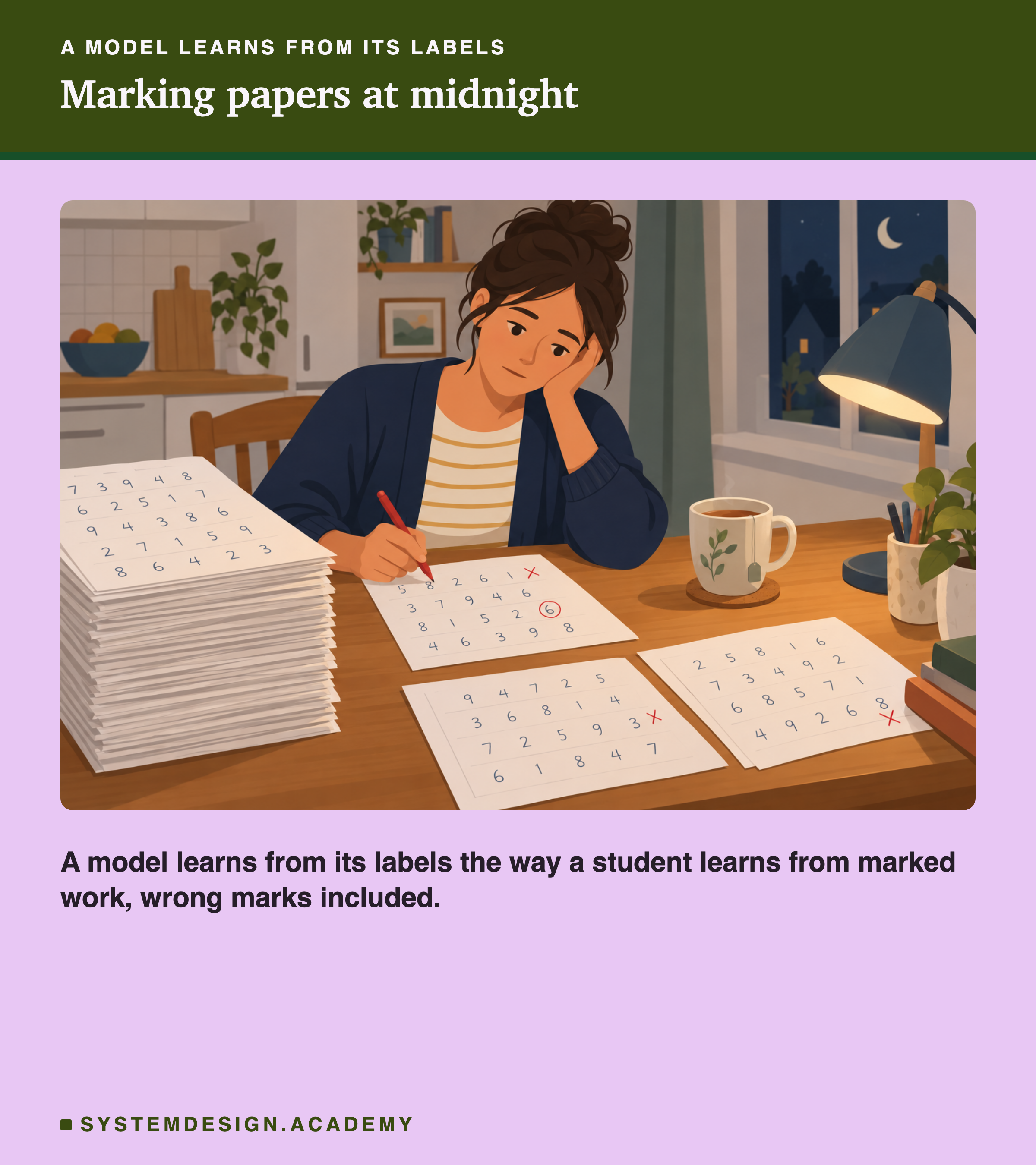 A flat illustration of a tired person at a kitchen table late at night, marking a tall stack of worksheets covered in handwritten digits with a red pen, a few red marks on the sheets, a mug of tea beside them. Beneath it: a model learns from its labels the way a student learns from marked work, wrong marks included.