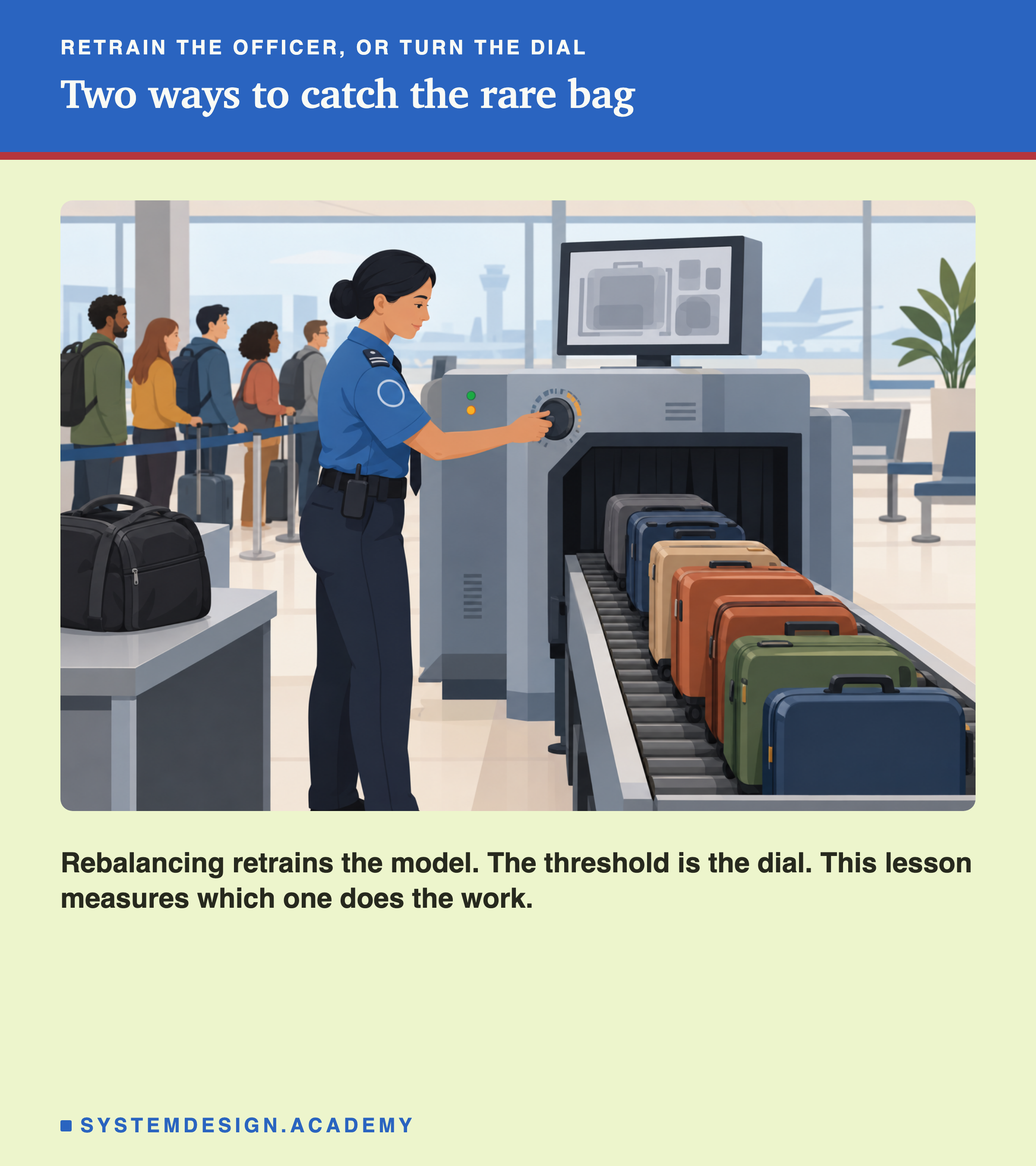 A flat illustration of an airport security officer turning a large round sensitivity dial on an X-ray baggage scanner, with a long line of ordinary suitcases on the belt and one bag set aside. Beneath it: rebalancing retrains the model, the threshold is the dial, and this lesson measures which one does the work.