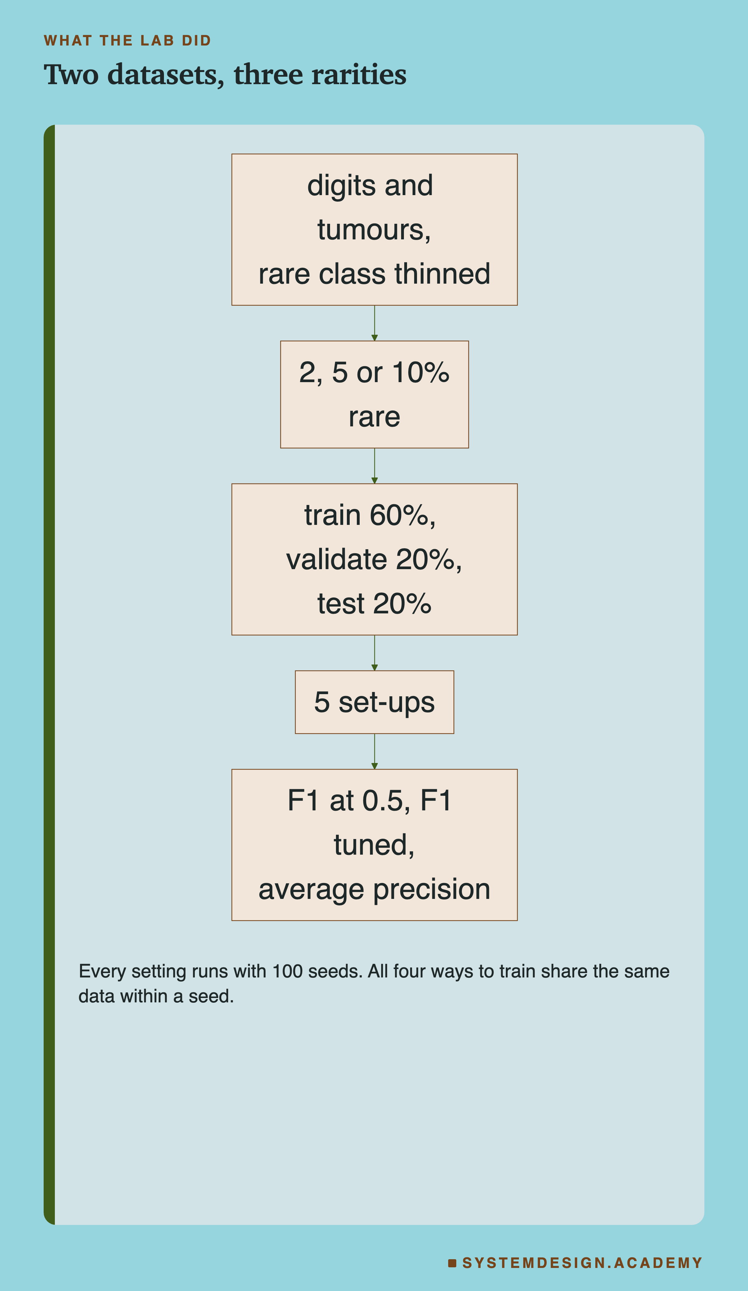 A flowchart. Two real datasets have their rare class thinned to 2, 5 or 10 percent, then split into training, validation and test sets, then set up five ways, then scored three ways, repeated with 100 seeds.