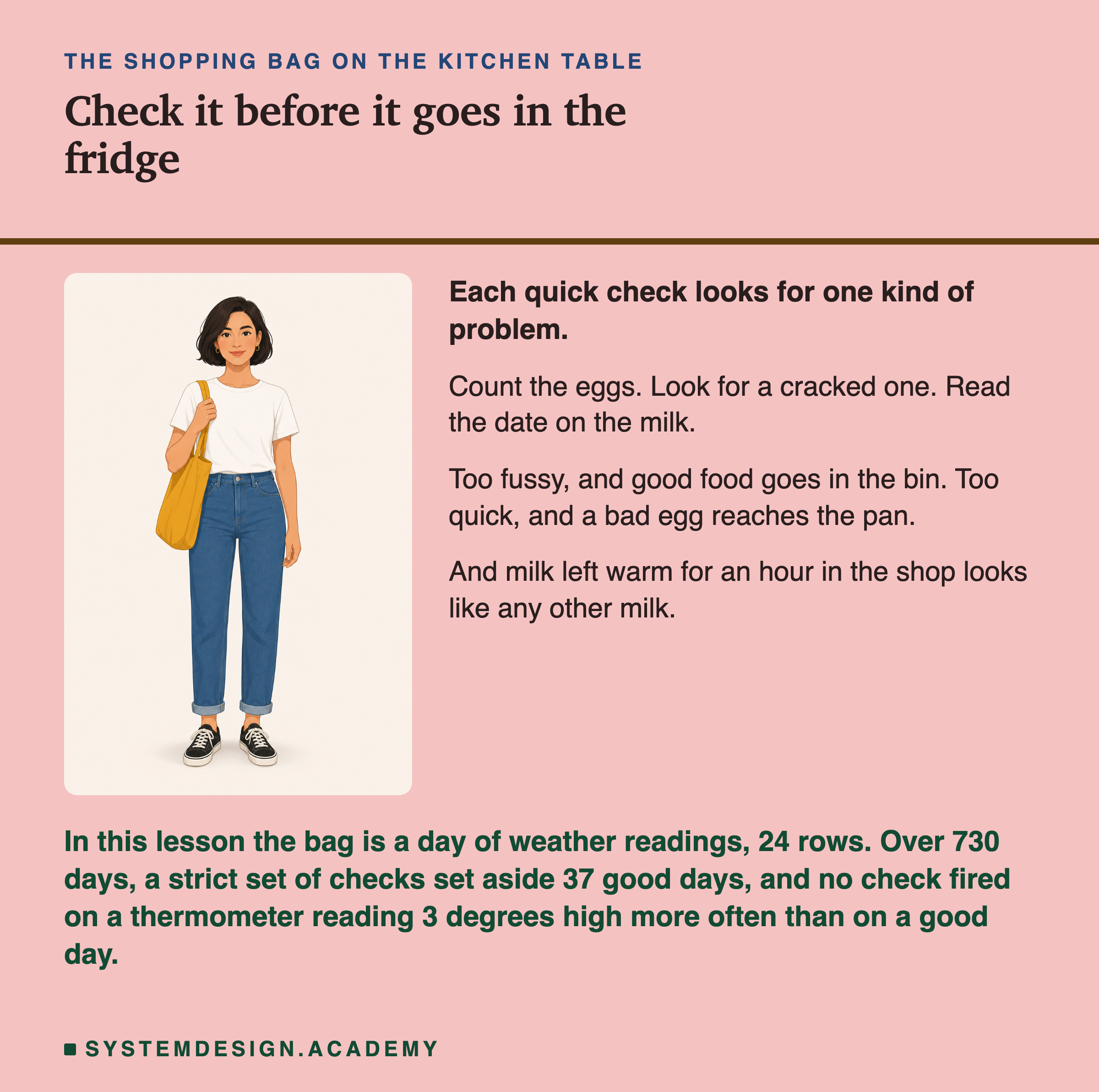 An illustration of a woman carrying a shopping bag on her shoulder, standing beside text. Headed the shopping bag on the kitchen table, titled check it before it goes in the fridge. Beside her: each quick check looks for one kind of problem; count the eggs, look for a cracked one, read the date on the milk; too fussy, and good food goes in the bin; too quick, and a bad egg reaches the pan; and milk left warm for an hour in the shop looks like any other milk. Beneath: in this lesson the bag is a day of weather readings, 24 rows; over 730 days, a strict set of checks set aside 37 good days, and no check fired on a thermometer reading 3 degrees high more often than on a good day.