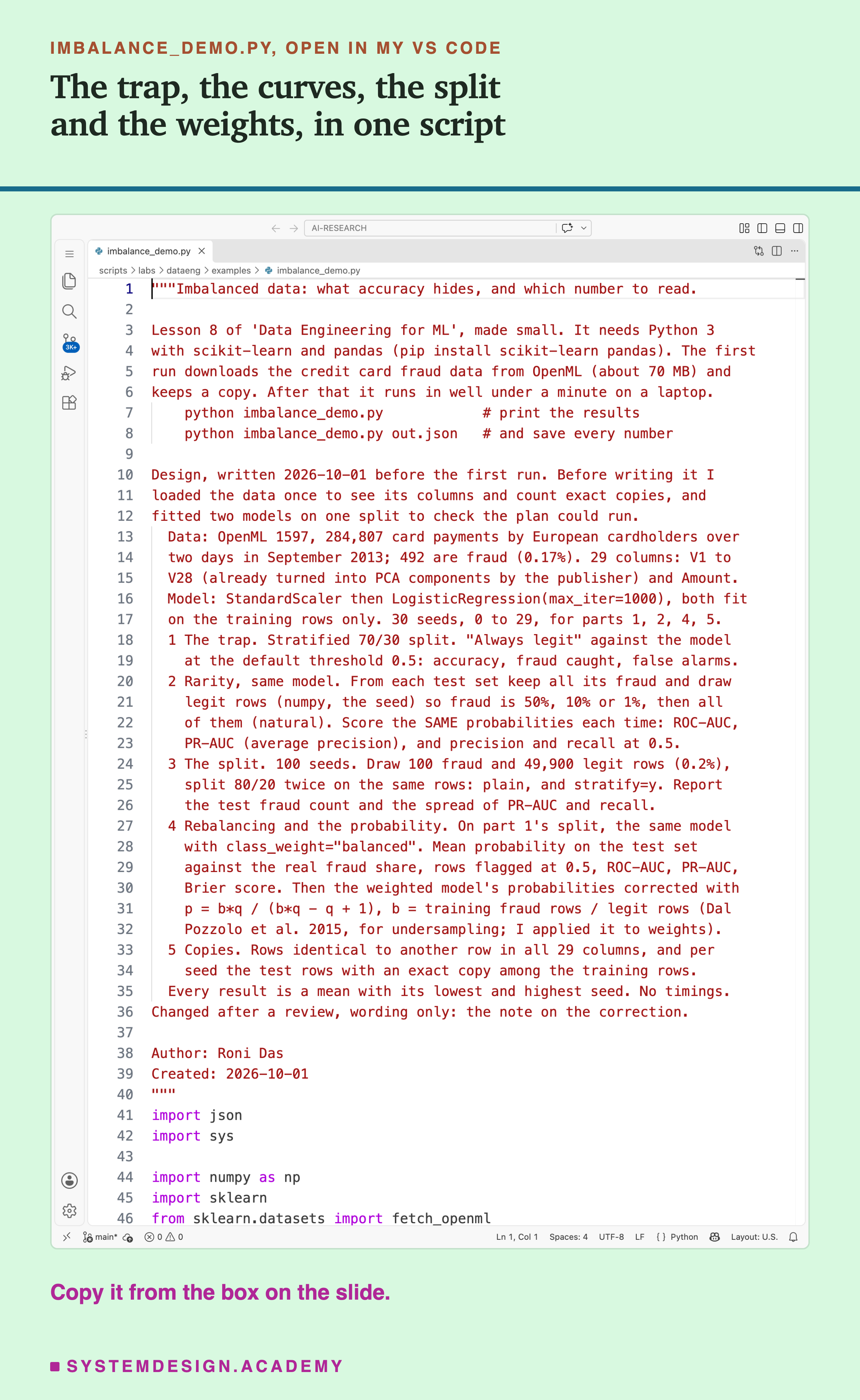 A real screenshot of VS Code with imbalance_demo.py open at the top of the file. The docstring gives what it needs, scikit-learn and pandas, the download of about 70 MB, and how to run it. Then the design, written 2026-10-01 before the first run: the data, OpenML 1597, 284,807 card payments, 492 fraud; the model, StandardScaler then logistic regression, fit on the training rows only; 30 seeds; and the five parts, the trap, rarity with the same model, the split over 100 seeds, rebalancing and the probability with the correction formula, from a paper on undersampling that I applied to weights, and the copies; then a note that this wording changed after a review. Below the docstring, the start of the imports. The rest of it and the code are further down.