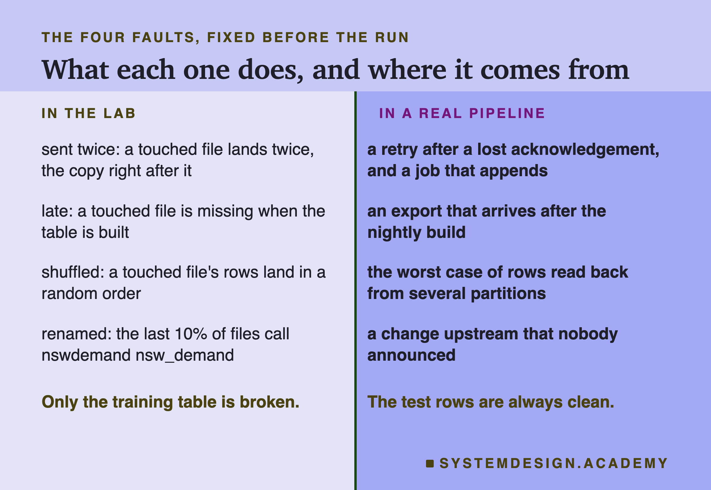 A two-column page headed the four faults, fixed before the run, titled what each one does, and where it comes from. Left, in the lab; right, in a real pipeline. Sent twice: a touched file lands twice, the copy right after it; a retry after a lost acknowledgement, and a job that appends. Late: a touched file is missing when the table is built; an export that arrives after the nightly build. Shuffled: a touched file's rows land in a random order; the worst case of rows read back from several partitions. Renamed: the last 10% of files call nswdemand nsw_demand; a change upstream that nobody announced. Beneath, left: only the training table is broken. Beneath, right: the test rows are always clean.