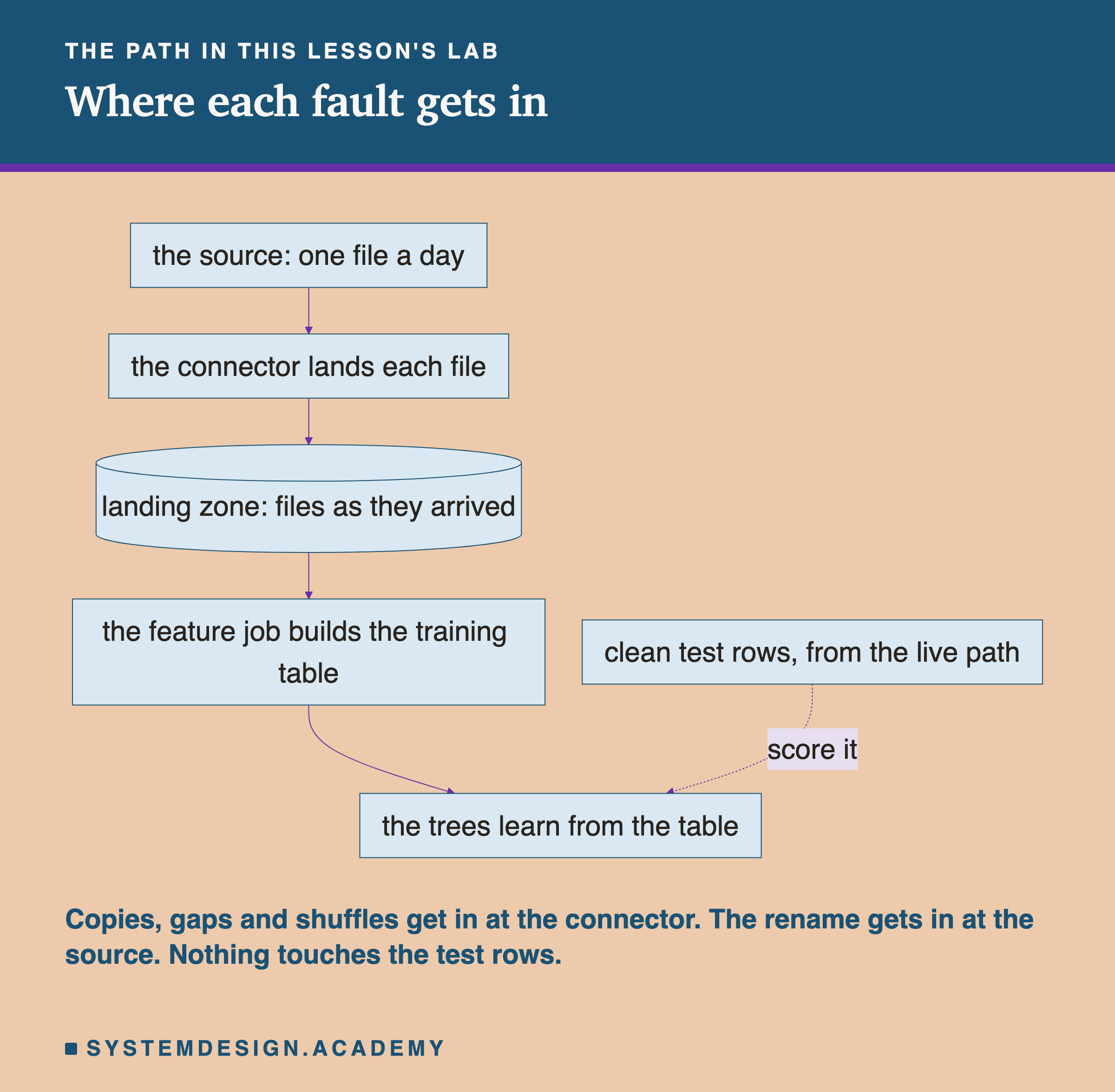 A flowchart headed the path in this lesson's lab, titled where each fault gets in. The source: one file a day, leads to the connector lands each file, which leads to a cylinder, landing zone: files as they arrived, which leads to the feature job builds the training table, which leads to the trees learn from the table. A separate box, clean test rows, from the live path, joins the trees with a dotted line labelled score it. Beneath: copies, gaps and shuffles get in at the connector; the rename gets in at the source; nothing touches the test rows.