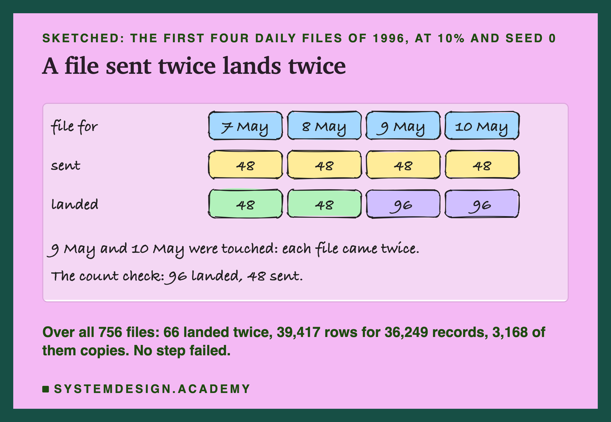 A hand-drawn sketch headed sketched: the first four daily files of 1996, at 10% and seed 0, titled a file sent twice lands twice. Three rows of four boxes. File for: 7 May, 8 May, 9 May, 10 May. Sent: 48, 48, 48, 48. Landed: 48, 48, 96, 96, the last two marked. Below: 9 May and 10 May were touched: each file came twice. The count check: 96 landed, 48 sent. Beneath the sketch: over all 756 files, 66 landed twice, 39,417 rows for 36,249 records, 3,168 of them copies; no step failed.