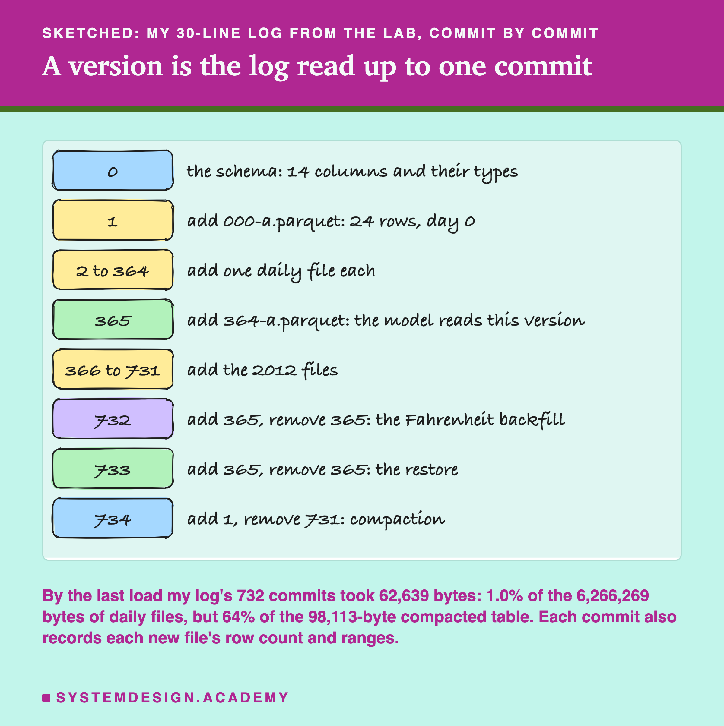 A hand-drawn sketch headed sketched: my 30-line log from the lab, commit by commit, titled a version is the log read up to one commit. Eight rows, a commit number in a box and what it holds beside it. 0: the schema: 14 columns and their types. 1: add 000-a.parquet: 24 rows, day 0. 2 to 364: add one daily file each. 365: add 364-a.parquet: the model reads this version. 366 to 731: add the 2012 files. 732: add 365, remove 365: the Fahrenheit backfill. 733: add 365, remove 365: the restore. 734: add 1, remove 731: compaction. Beneath: by the last load my log's 732 commits took 62,639 bytes: 1.0% of the 6,266,269 bytes of daily files, but 64% of the 98,113-byte compacted table; each commit also records each new file's row count and ranges.