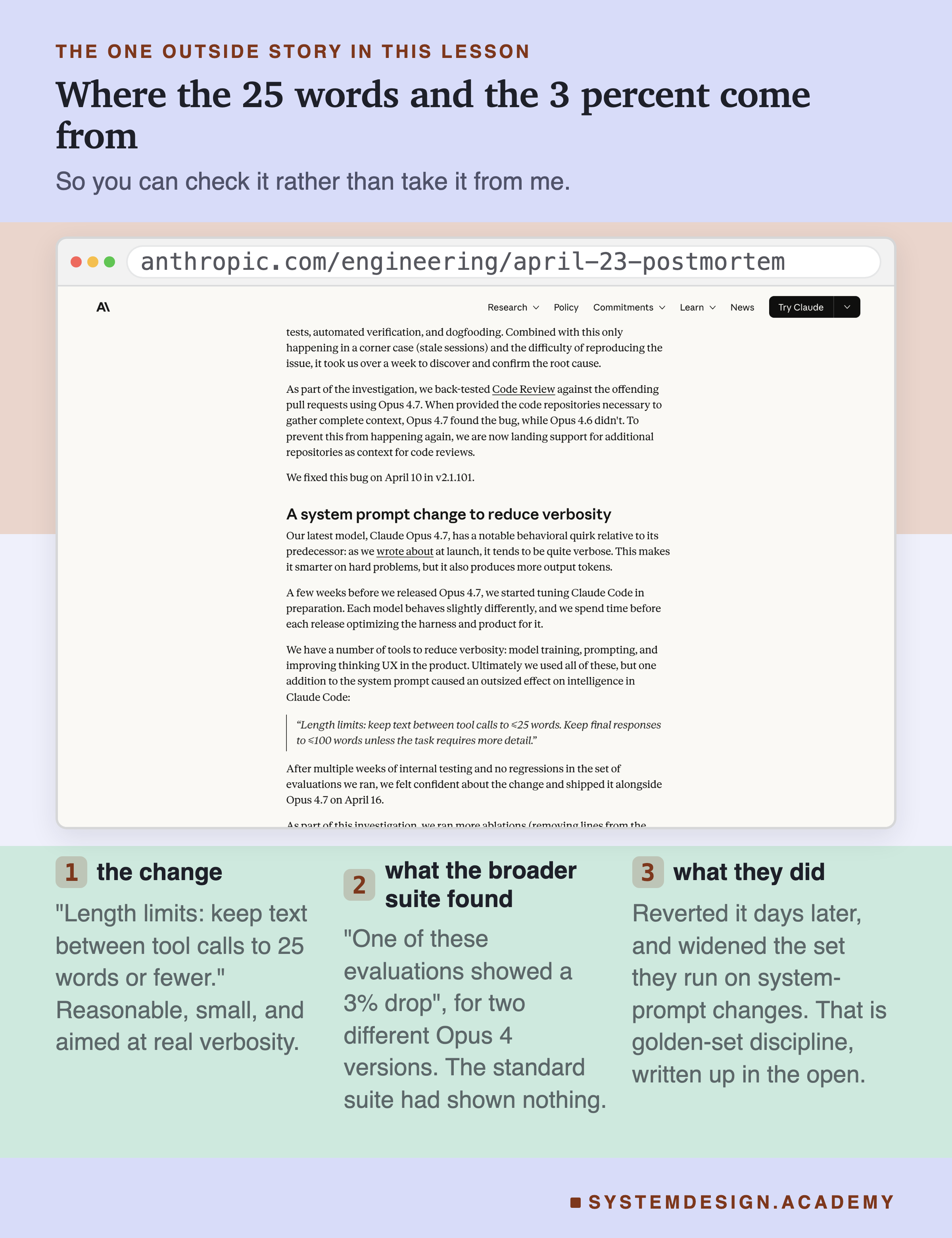 A screenshot card of Anthropic's Claude Code postmortem page, with three points pulled out so the story can be checked rather than taken on trust. The change: keep text between tool calls to 25 words or fewer. What the broader suite found: one of the evaluations showed a 3 percent drop, for two different Opus 4 versions, where the standard suite had shown nothing. What they did: reverted days later, and widened the set they run on system-prompt changes