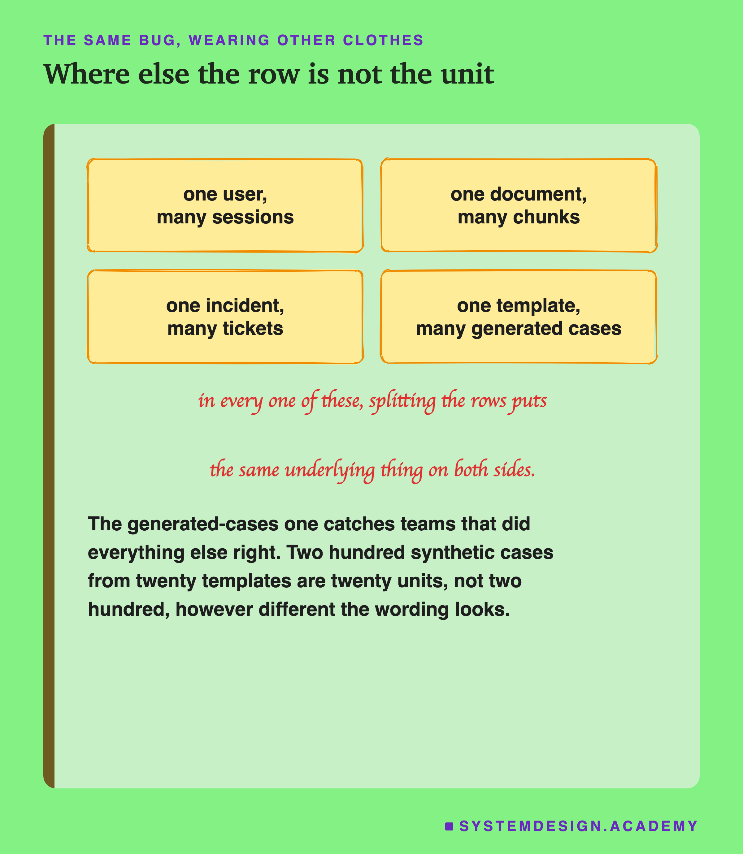 Four hand-drawn boxes: one user with many sessions, one document with many chunks, one incident with many tickets, and one template with many generated cases. A handwritten note says in every one of these, splitting the rows puts the same underlying thing on both sides. Beneath: the generated-cases one catches teams that did everything else right, because two hundred synthetic cases from twenty templates are twenty units, not two hundred, however different the wording looks.