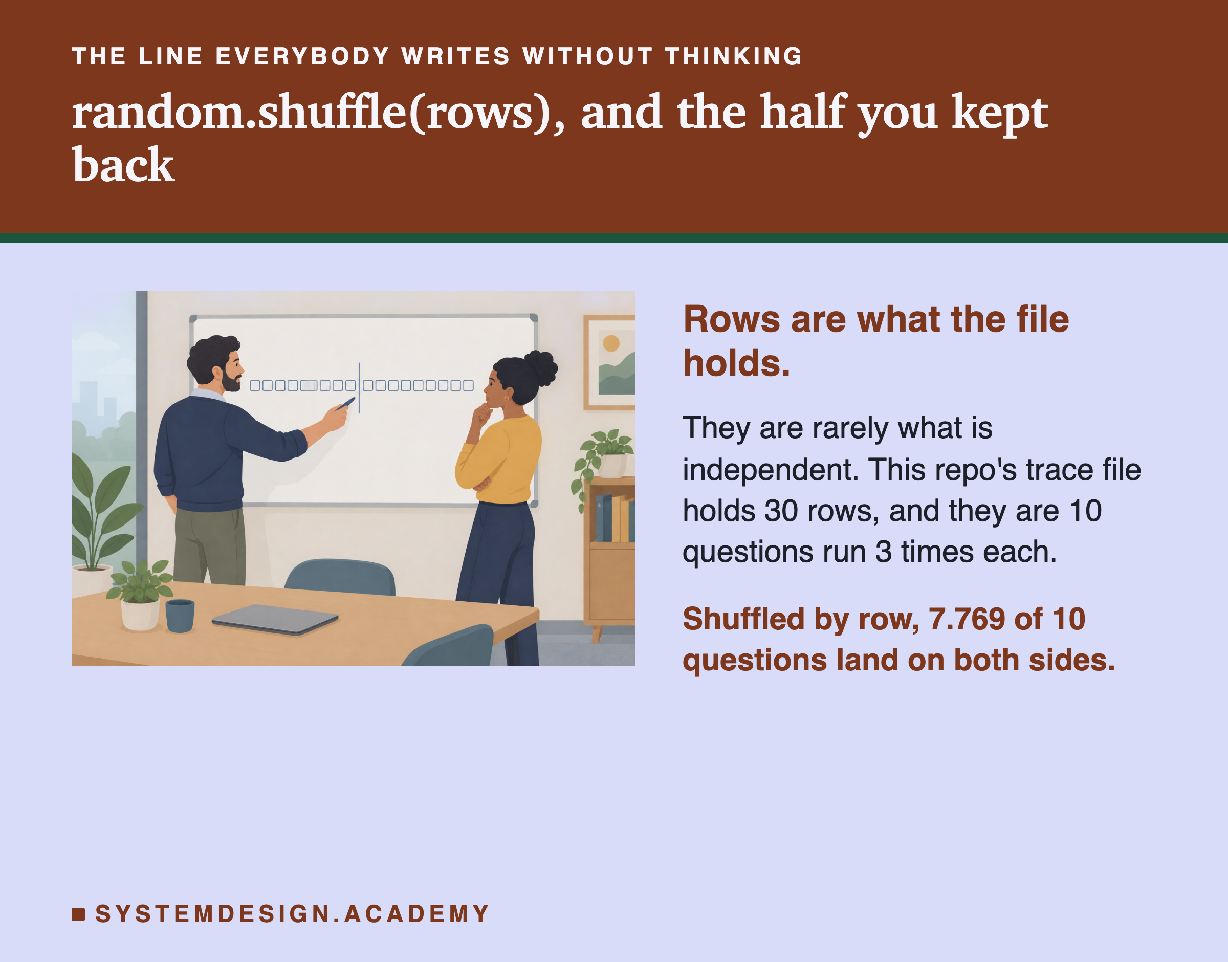 Two engineers at a whiteboard on which a single long horizontal row of identical small cards is drawn, with a vertical dividing line partway along it. One holds a marker and points at the line, the other looks doubtful. Beside the scene: rows are what the file holds, they are rarely what is independent, this repo's trace file holds 30 rows and they are 10 questions run 3 times each, and shuffled by row, 7.769 of 10 questions land on both sides.