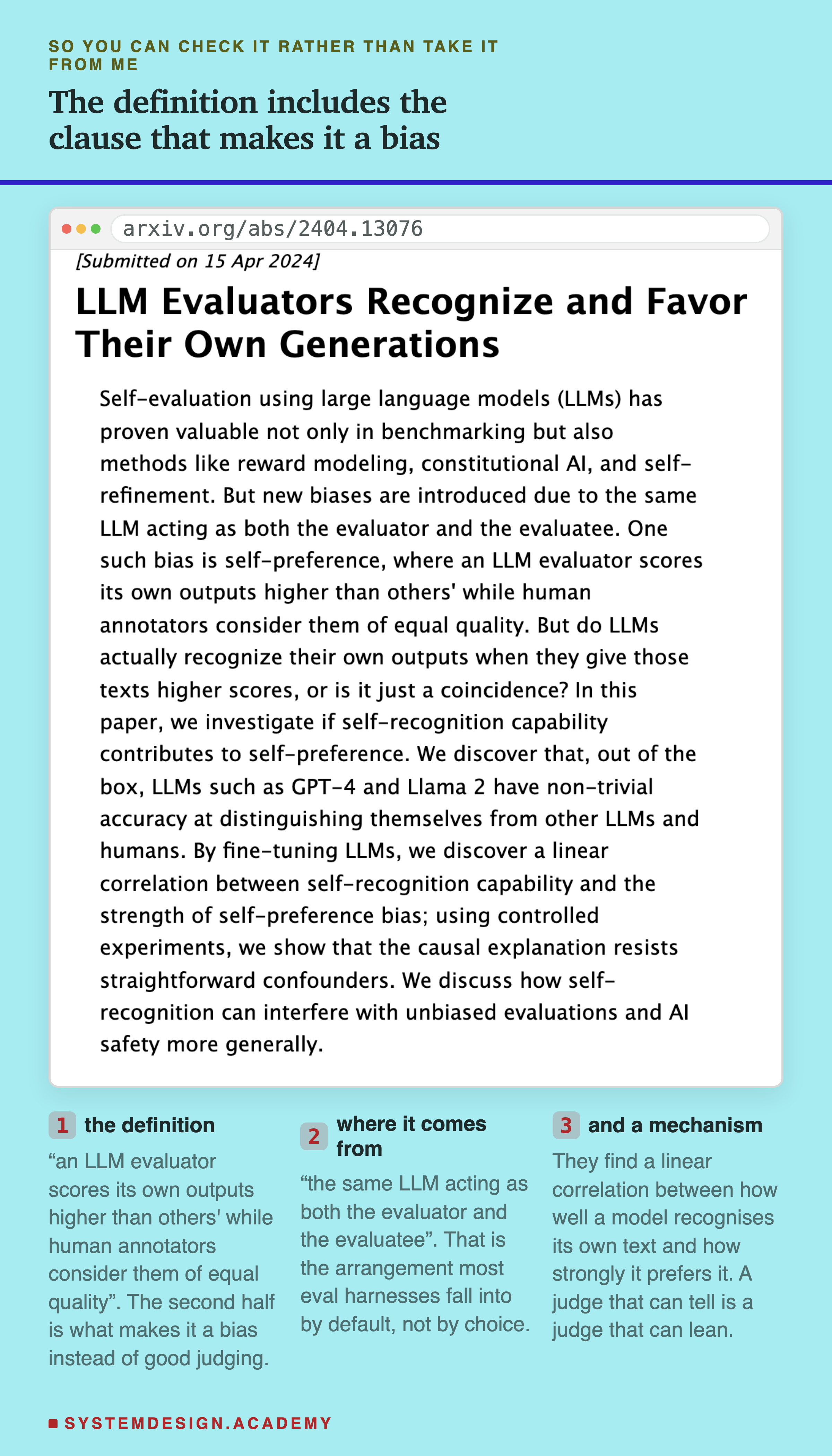 A screenshot of the arXiv abstract page for LLM Evaluators Recognize and Favor Their Own Generations, shown with its real arxiv.org address. The abstract describes self-preference as an LLM evaluator scoring its own outputs higher than others' while human annotators consider them of equal quality, attributes it to the same LLM acting as both the evaluator and the evaluatee, and reports a linear correlation between self-recognition capability and the strength of self-preference bias. Three notes beneath the capture: the definition, where the clause about human annotators considering them equal is what makes it a bias instead of good judging; where it comes from, the same model on both sides, which is the arrangement most eval harnesses fall into by default; and a mechanism, the correlation between how well a model recognises its own text and how strongly it prefers it.