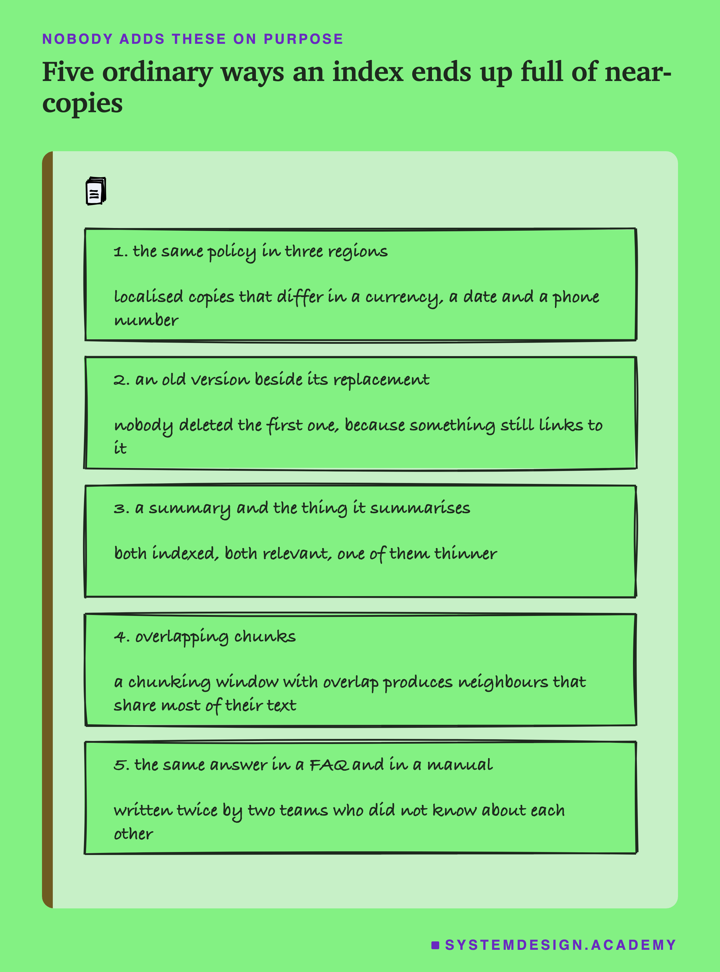 Five hand-drawn cards naming ordinary ways an index fills with near-copies. The same policy in three regions, localised copies differing in a currency, a date and a phone number. An old version beside its replacement, because nobody deleted the first one. A summary and the thing it summarises, both indexed. Overlapping chunks, where a chunking window with overlap produces neighbours sharing most of their text. The same answer in a FAQ and in a manual, written twice by two teams.