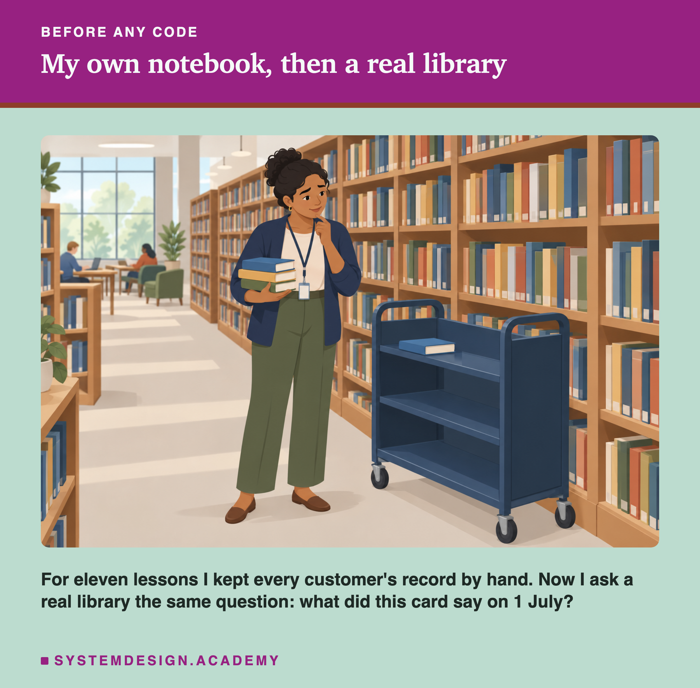 A flat illustration of a woman in a large library, holding a stack of books and standing beside a book cart, looking thoughtfully along the tall shelves. Below the scene: for eleven lessons I kept every customer's record by hand; now I ask a real library the same question, what did this card say on 1 July?