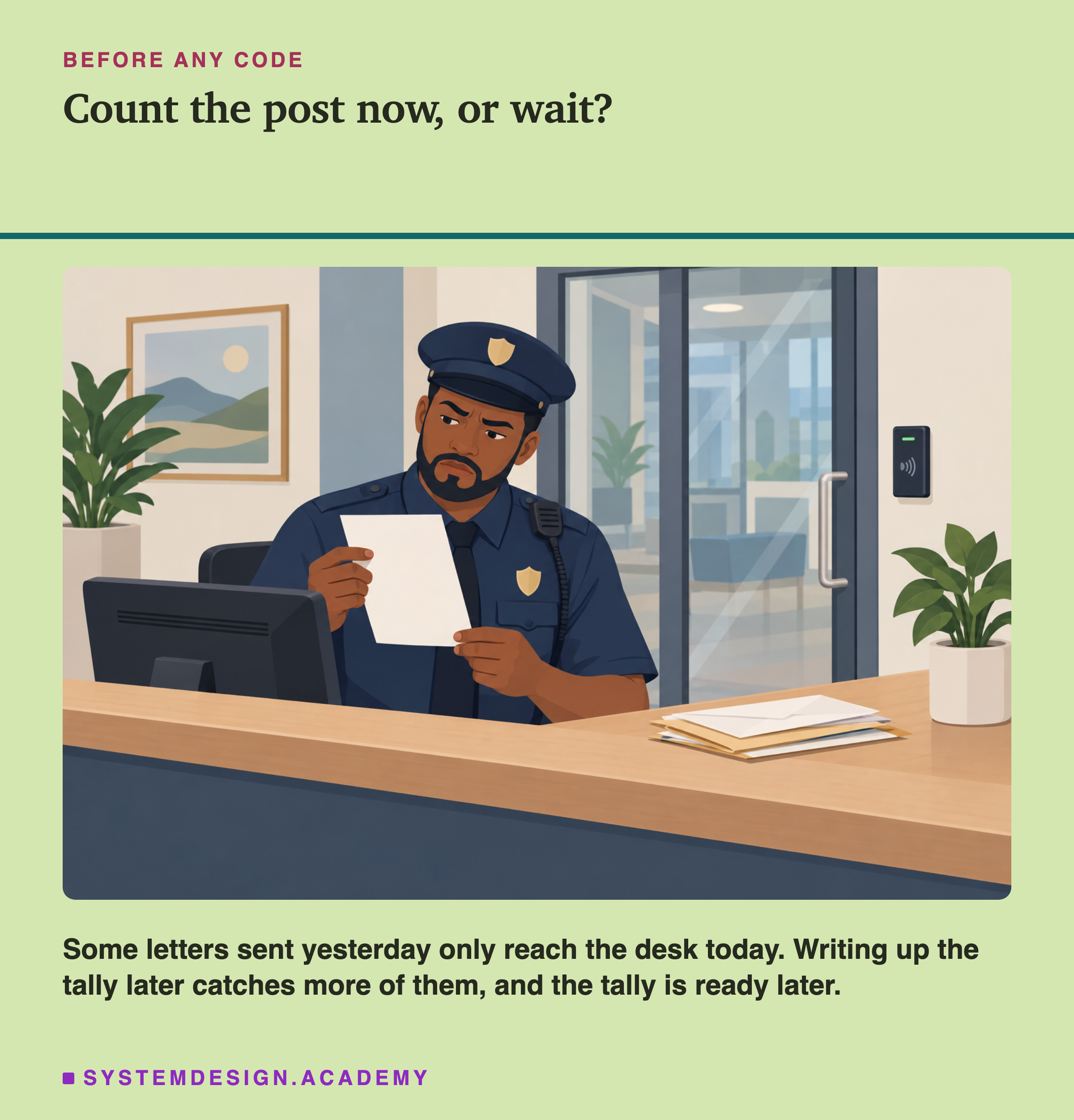 A flat illustration of an office front desk. A man at a wooden counter is reading a sheet of paper, with a few envelopes on the counter and a computer screen beside him. Below the scene: some letters sent yesterday only reach the desk today; writing up the tally later catches more of them, and the tally is ready later.