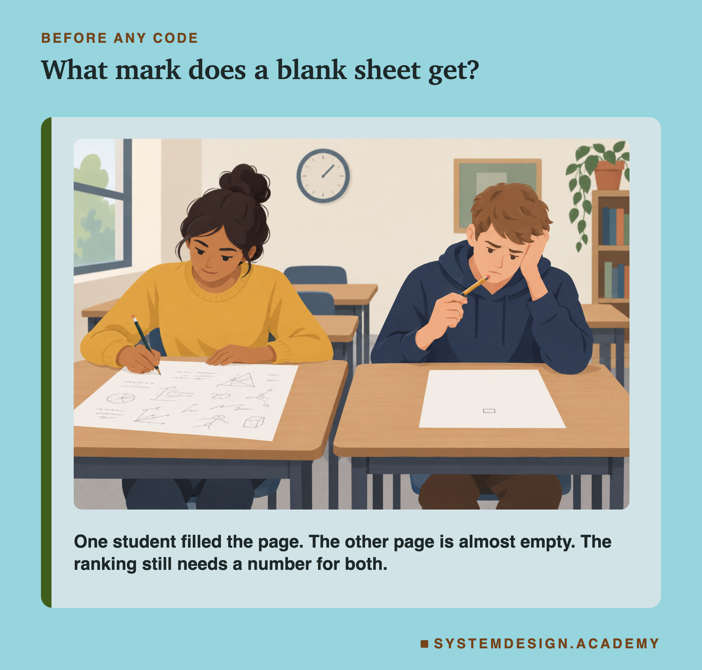 A flat illustration of a classroom. Two students sit at wooden desks. On the left a young woman in a yellow sweater writes on a page full of diagrams. On the right a young man in a dark hoodie looks worried at a page that is almost empty. Below the scene: one student filled the page; the other page is almost empty; the ranking still needs a number for both.