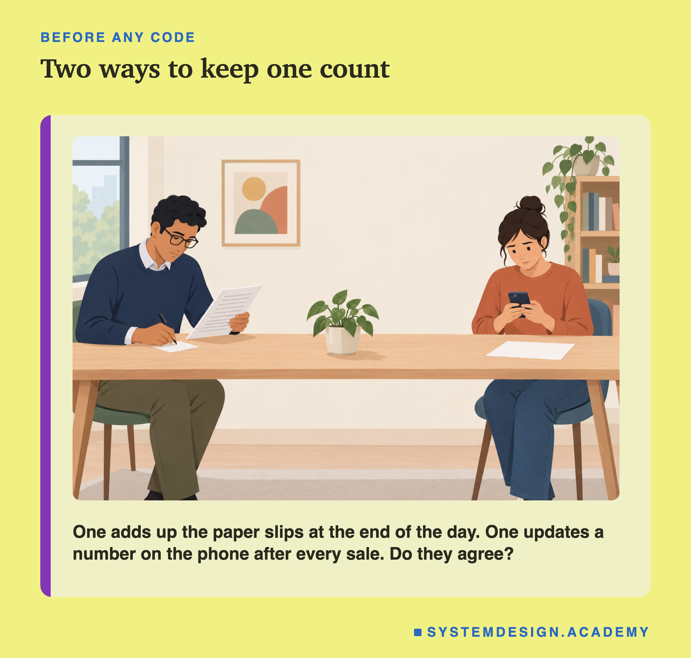 A flat illustration of two people at the two ends of a long wooden table in a bright room. On the left a man in glasses writes on a sheet of paper with another sheet in his hand. On the right a woman looks at her phone. A plant sits in the middle of the table. Below the scene: one adds up the paper slips at the end of the day; one updates a number on the phone after every sale; do they agree?