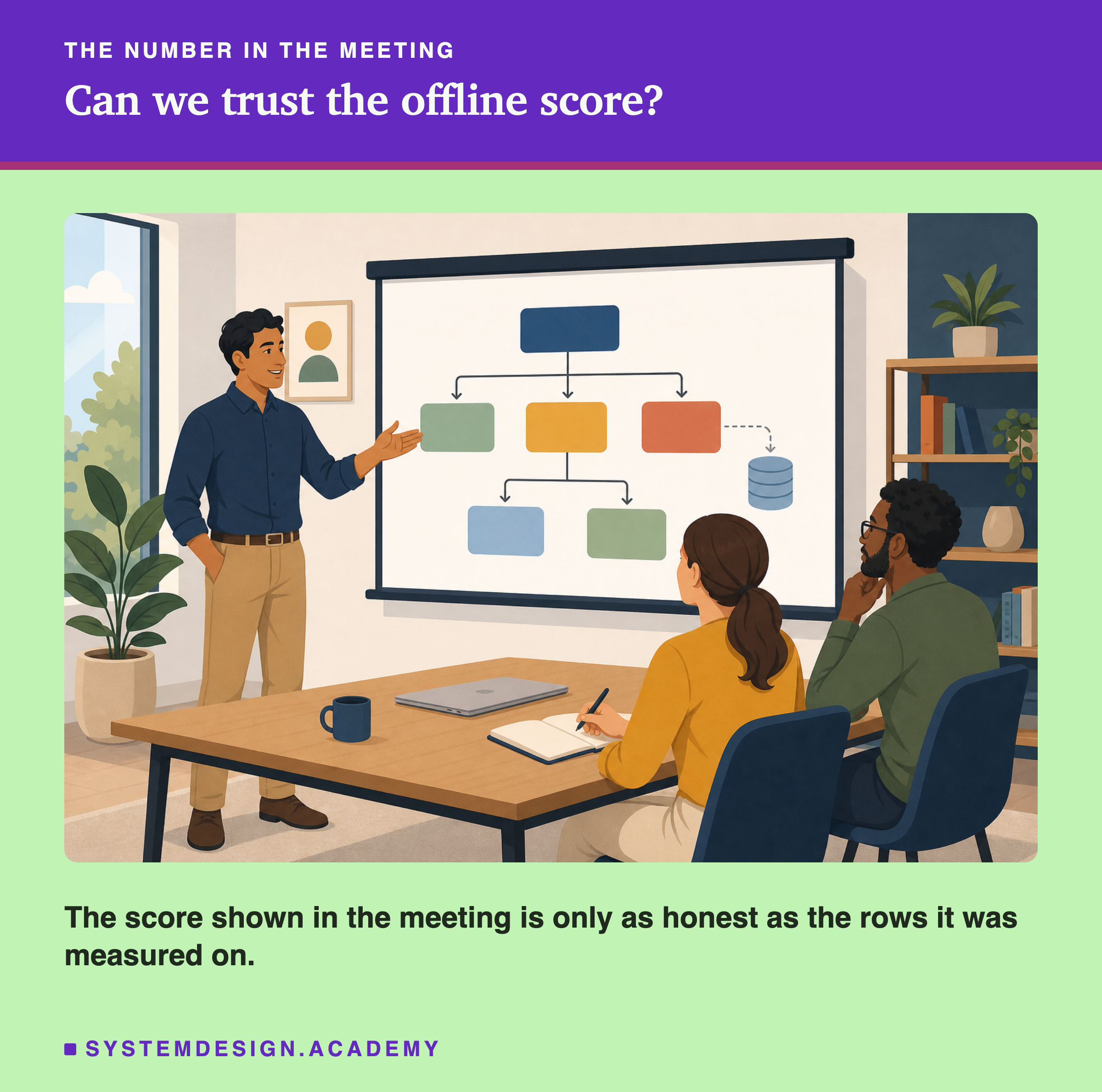 A flat illustration of a meeting room. A man stands at a whiteboard showing a flowchart of boxes and arrows. Two colleagues sit at a table with a notebook and a mug, watching him. Below the scene: the score shown in the meeting is only as honest as the rows it was measured on.