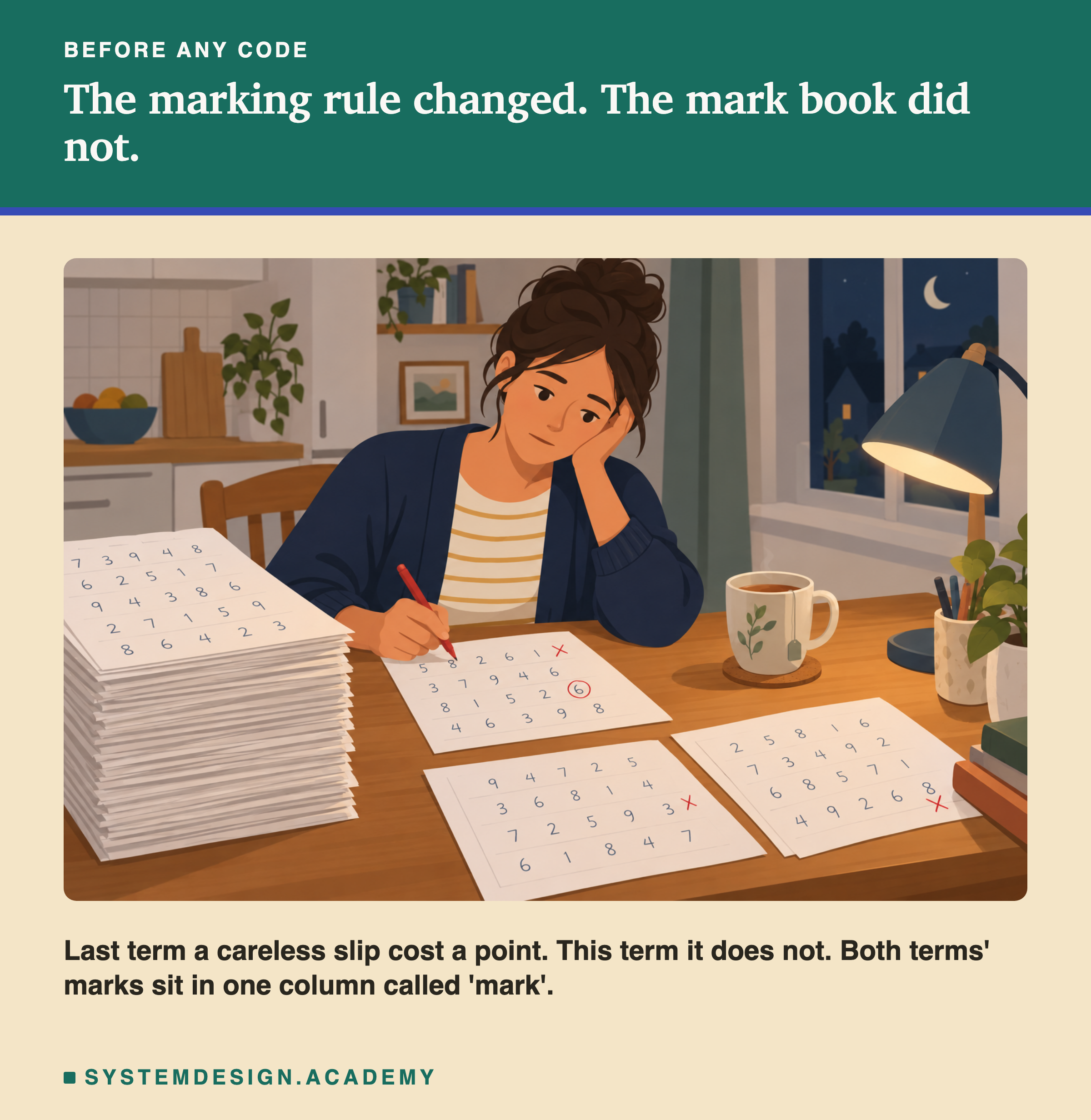 A flat illustration of a woman marking a tall stack of number sheets at a kitchen table at night, a red pen in her hand and a lamp on. Below the scene: last term a careless slip cost a point; this term it does not; both terms' marks sit in one column called mark.
