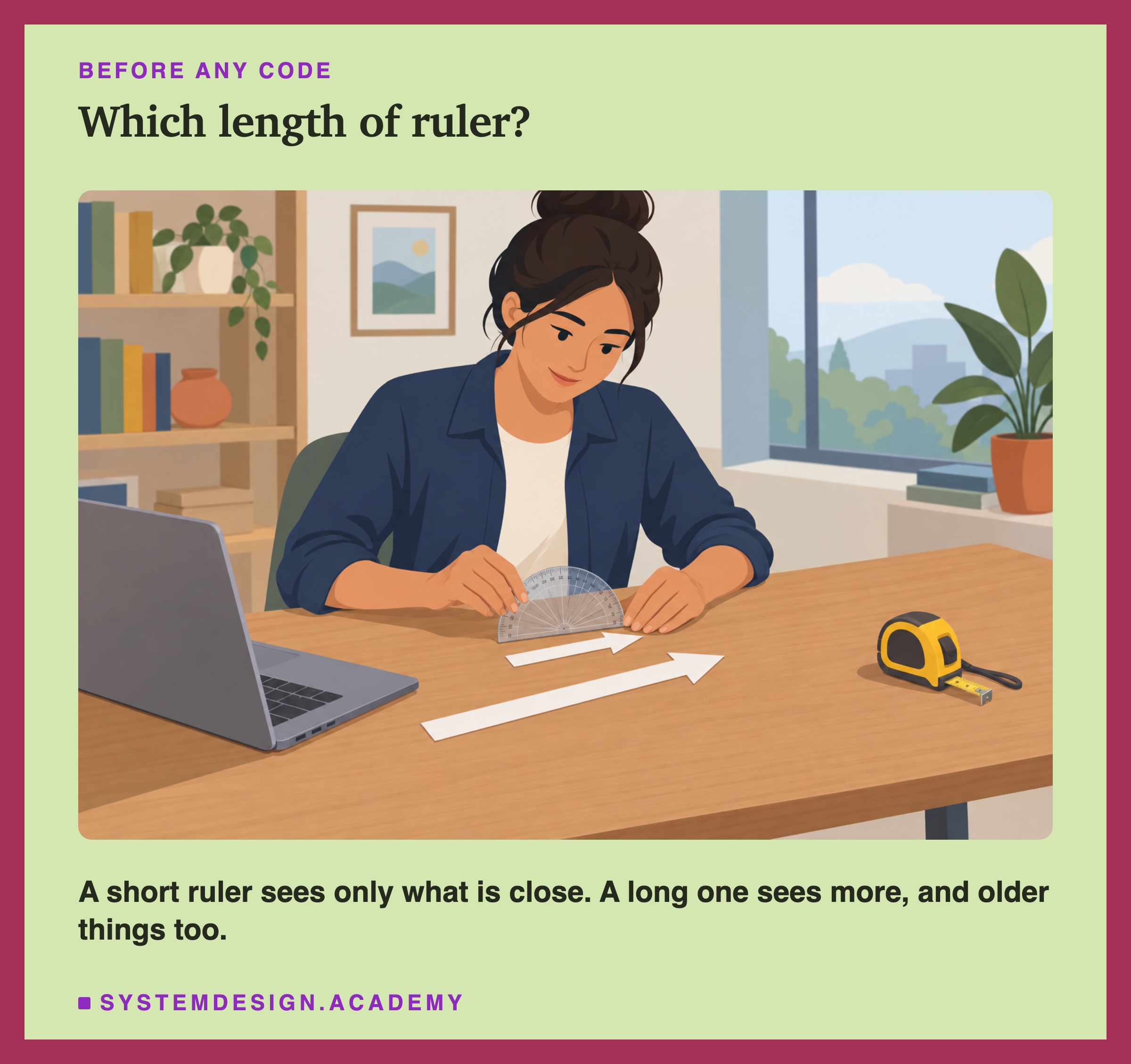 A flat illustration of a woman at a wooden desk in a bright room, holding a clear protractor flat on the desk. In front of her lie two paper arrows, one short and one much longer, with a laptop on her right and a tape measure on her left. Below the scene: a short ruler sees only what is close; a long one sees more, and older things too.