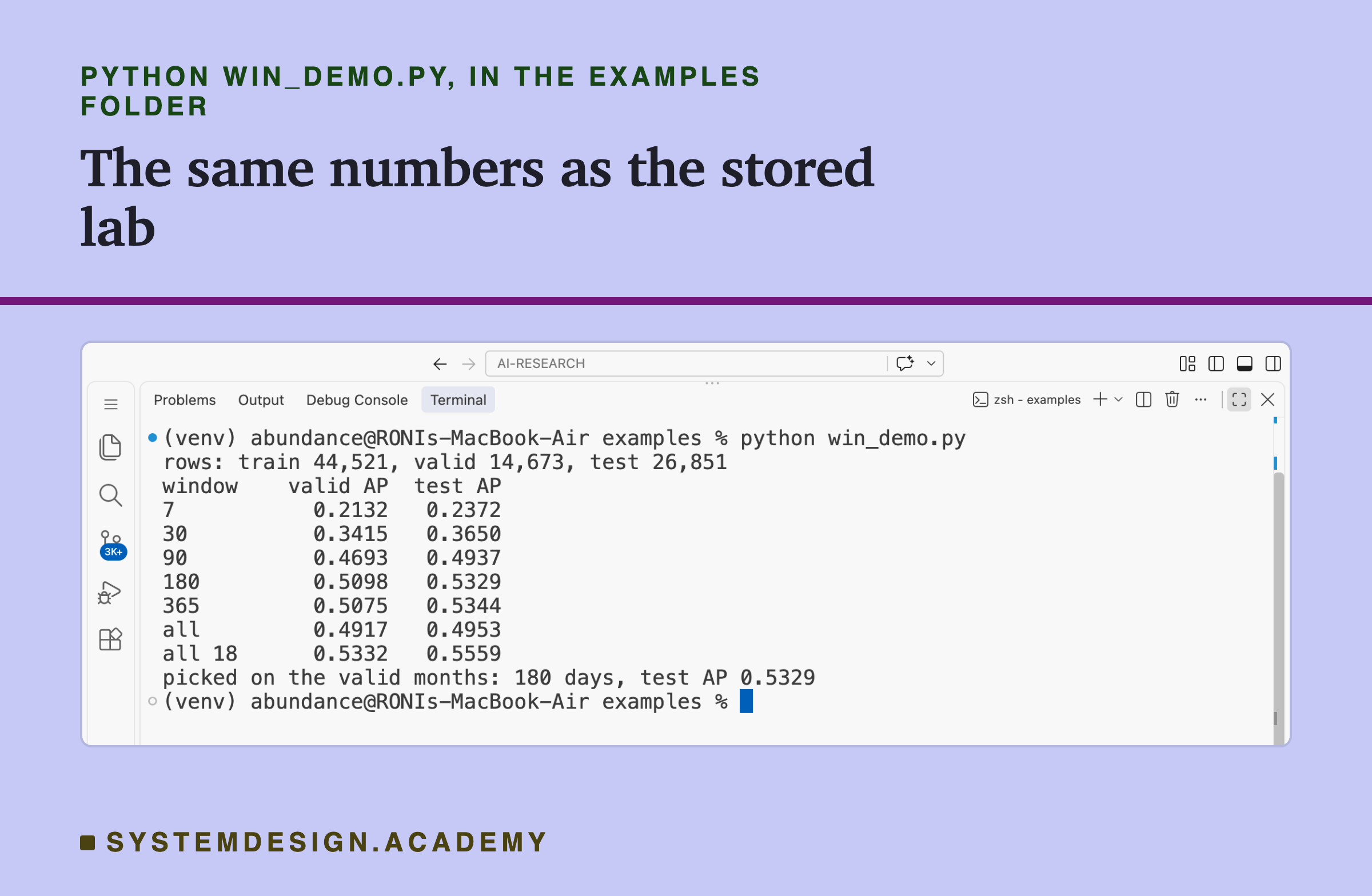A real screenshot of VS Code's terminal after running python win_demo.py from the examples folder. It prints the train, valid and test row counts, then the valid AP and test AP for each window and for all 18 columns, and last the window picked on the valid months, 180 days, with its test AP.