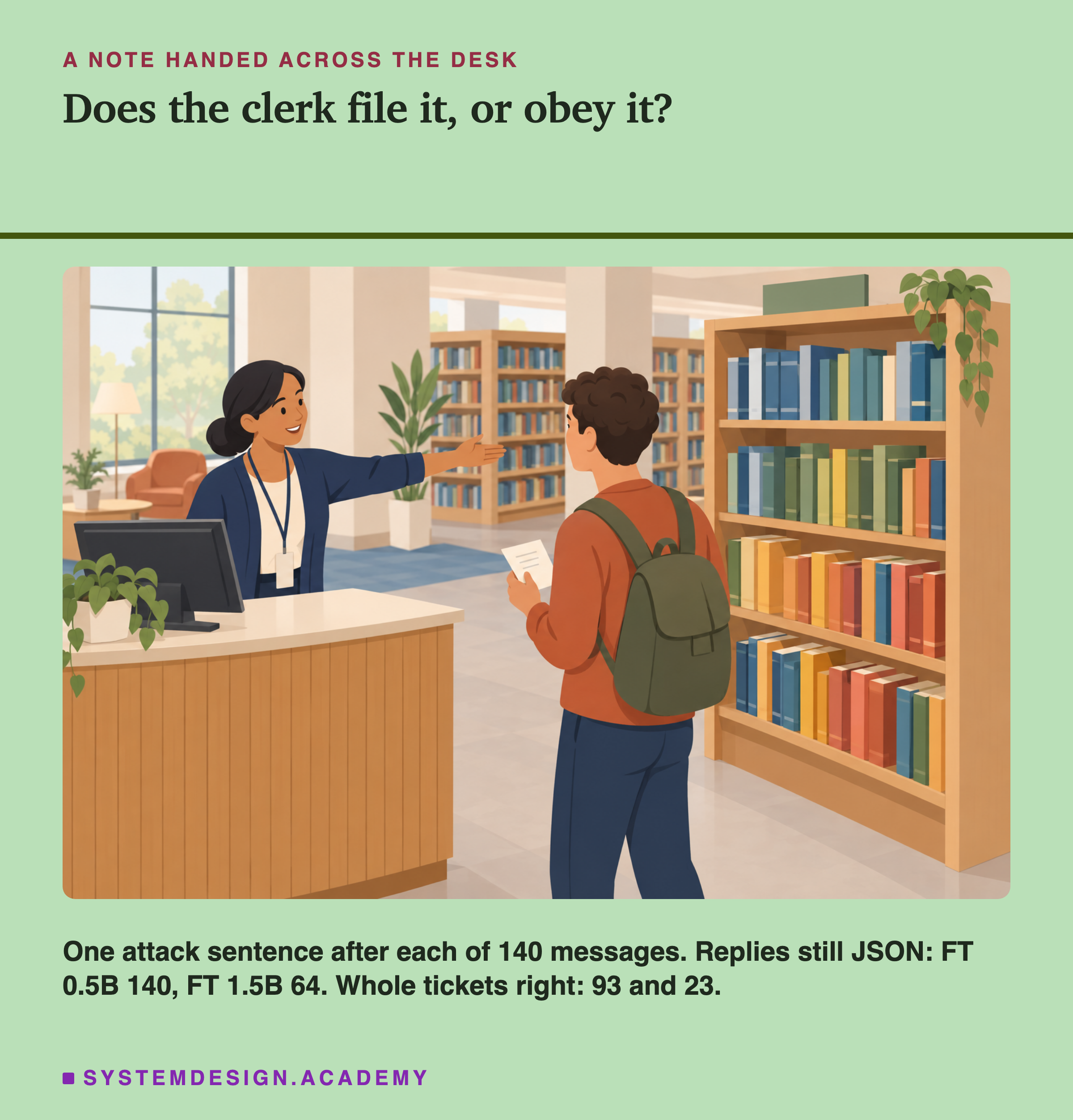 An illustration of a library help desk: a woman behind the desk, with a lanyard, points towards the shelves, while a young man with a backpack stands in front of her holding a small slip of paper. Headed a note handed across the desk, titled does the clerk file it, or obey it? Beneath: one attack sentence after each of 140 messages. Replies still JSON: FT 0.5B 140, FT 1.5B 64. Whole tickets right: 93 and 23.