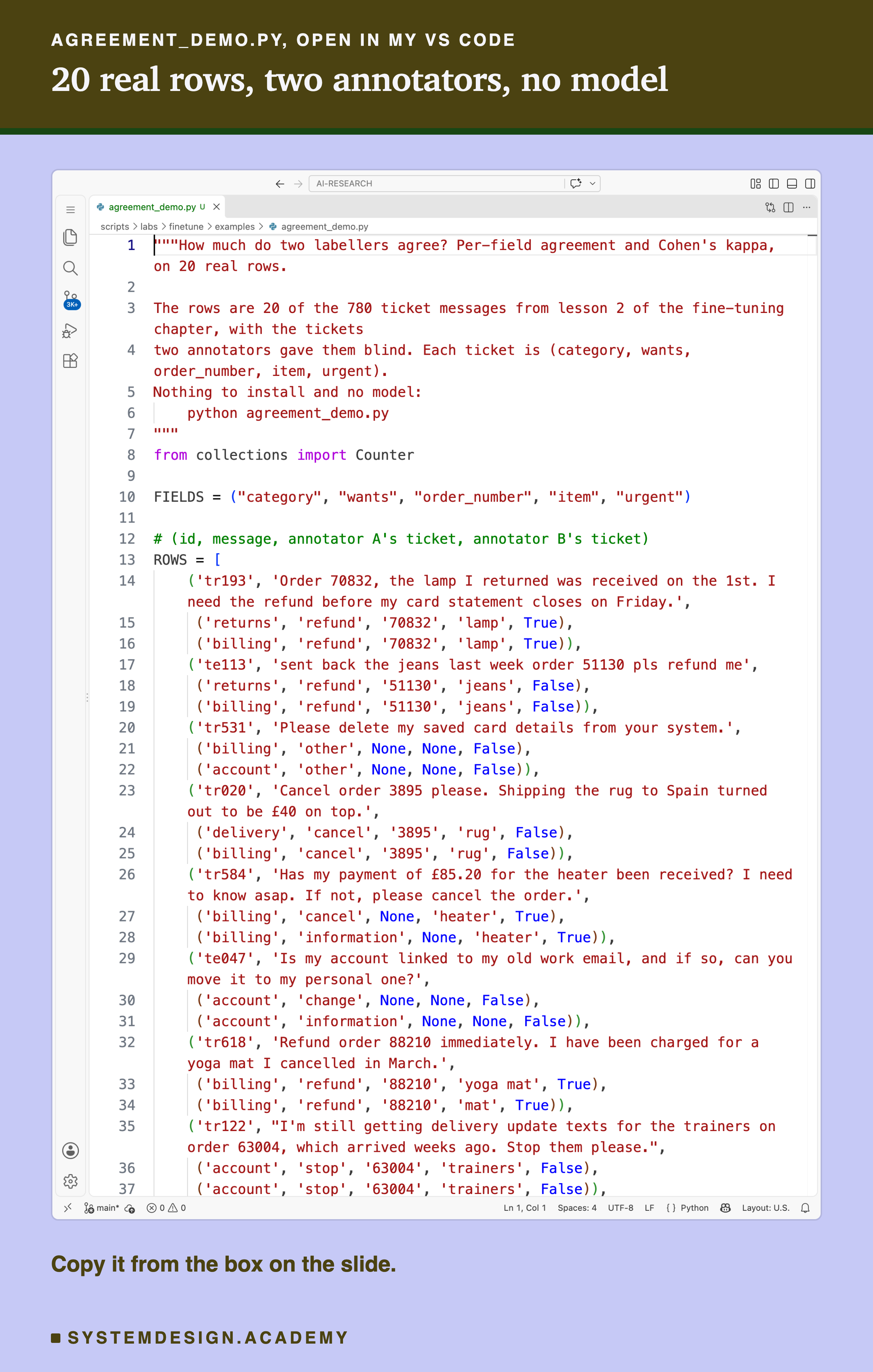 A real screenshot of VS Code with agreement_demo.py open, showing the top of the file: the docstring and the start of the ROWS list, each row an id, a message and the two annotators' tickets. The rest of the file is in the code box on this slide. Beneath: copy it from the box on the slide.
