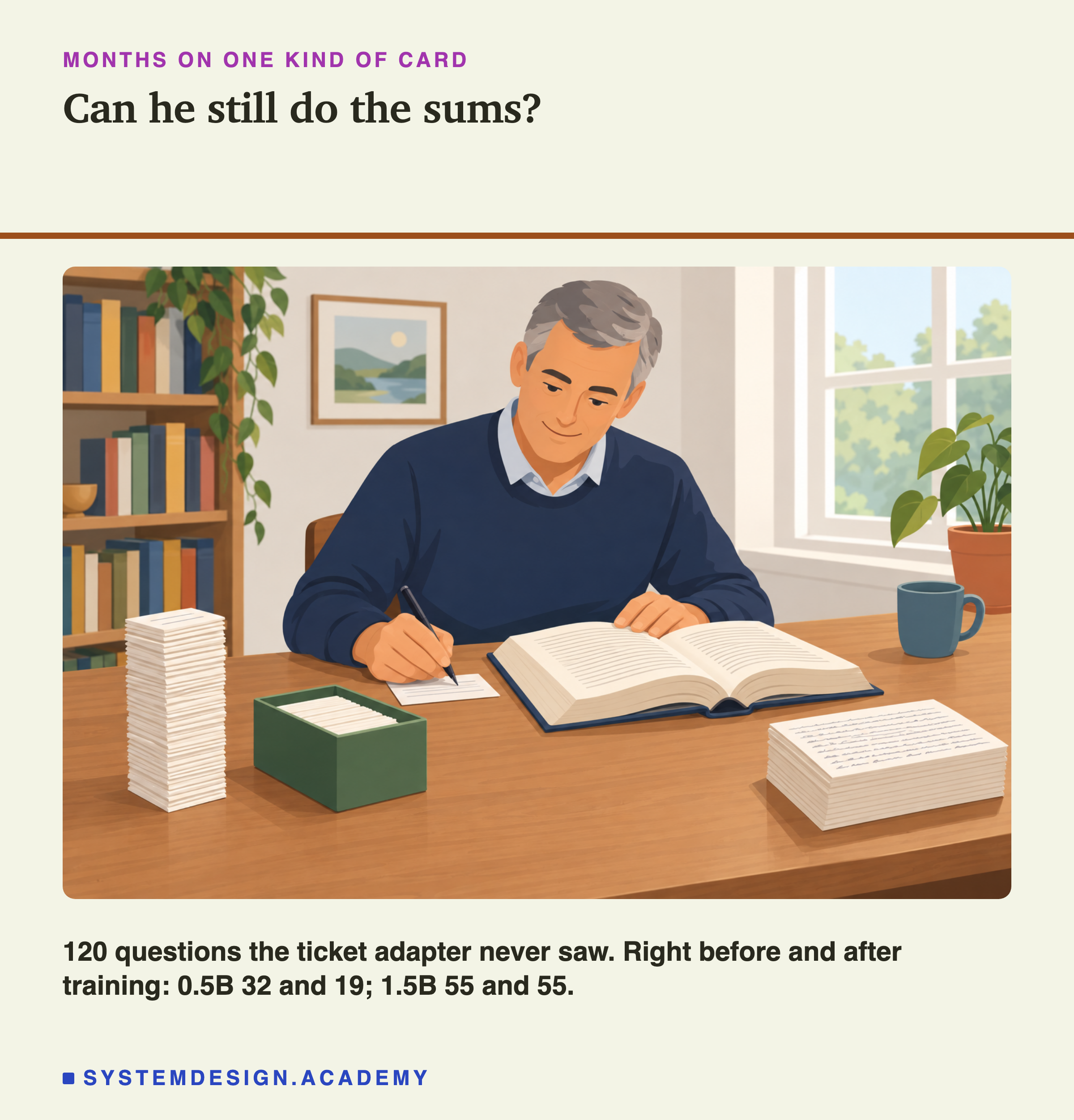 An illustration of an older man at a wooden desk writing on a small card, with an open book in front of him, a tall stack of cards beside him, a box of cards, and bookshelves and a window behind him. Headed months on one kind of card, titled can he still do the sums? Beneath: 120 questions the ticket adapter never saw. Right before and after training: 0.5B 32 and 19; 1.5B 55 and 55.