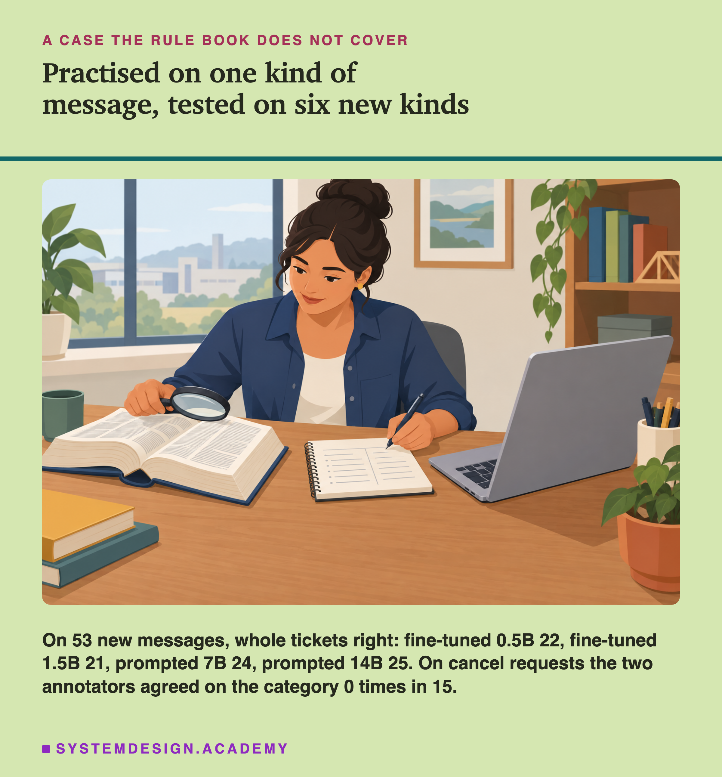 An illustration of a woman at a desk reading a thick open book through a magnifying glass while she writes in a notebook, with a laptop and a pot of pens beside her and books stacked on the desk. Headed a case the rule book does not cover, titled practised on one kind of message, tested on six new kinds. Beneath: on 53 new messages, whole tickets right: fine-tuned 0.5B 22, fine-tuned 1.5B 21, prompted 7B 24, prompted 14B 25. On cancel requests the two annotators agreed on the category 0 times in 15.
