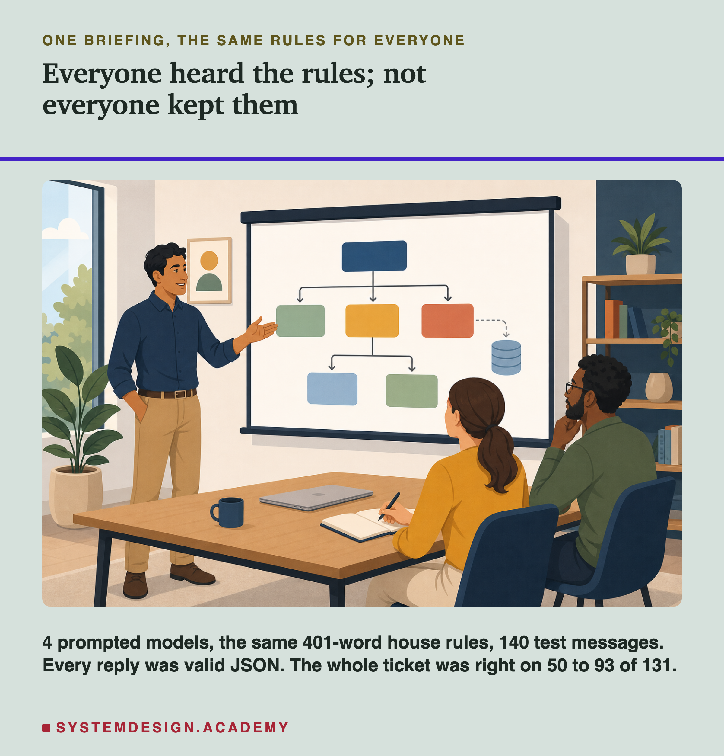 An illustration of a man standing at a whiteboard with a simple flowchart on it, gesturing towards it, while two people sit at a table facing him, one of them taking notes. Headed one briefing, the same rules for everyone, titled everyone heard the rules; not everyone kept them. Beneath: 4 prompted models, the same 401-word house rules, 140 test messages. Every reply was valid JSON. The whole ticket was right on 50 to 93 of 131.