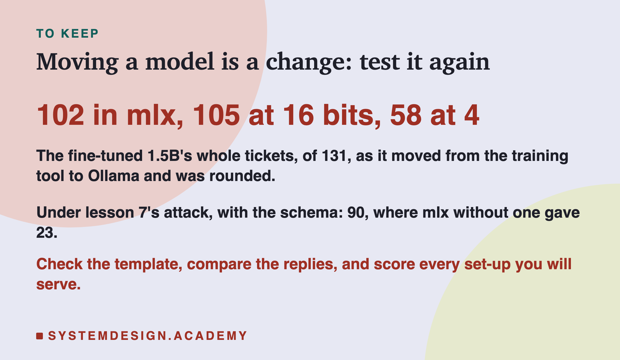 A closing card headed to keep, titled moving a model is a change: test it again. In large type: 102 in mlx, 105 at 16 bits, 58 at 4. Beneath: the fine-tuned 1.5B's whole tickets, of 131, as it moved from the training tool to Ollama and was rounded. Under lesson 7's attack, with the schema: 90, where mlx without one gave 23. Then: check the template, compare the replies, and score every set-up you will serve.