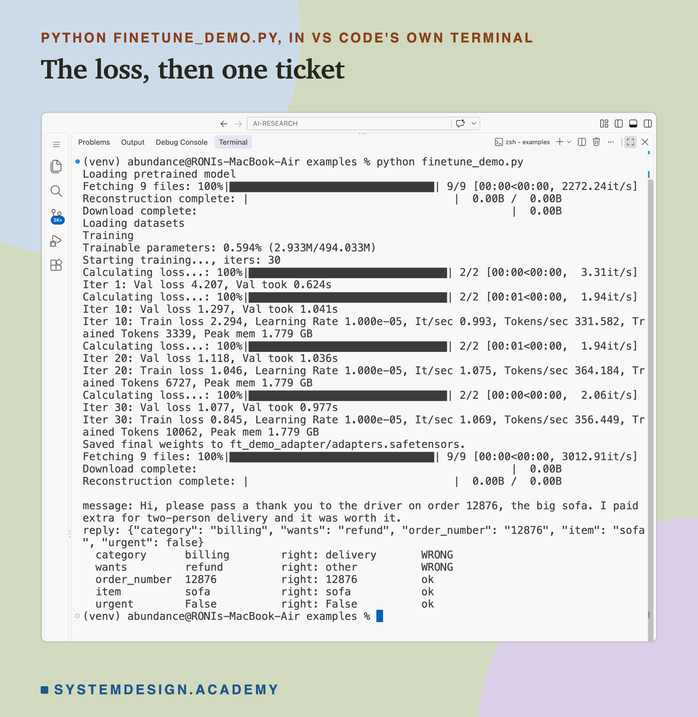 A real screenshot of VS Code's terminal after running python finetune_demo.py. The training output shows validation loss 4.207 at step 1, 1.297 at step 10, 1.118 at step 20 and 1.077 at step 30, with training loss lines at steps 10, 20 and 30. Then the message te114 and the reply: category billing, wants refund, order_number 12876, item sofa, urgent false. Category billing, right delivery, WRONG; wants refund, right other, WRONG; order_number, item and urgent ok.
