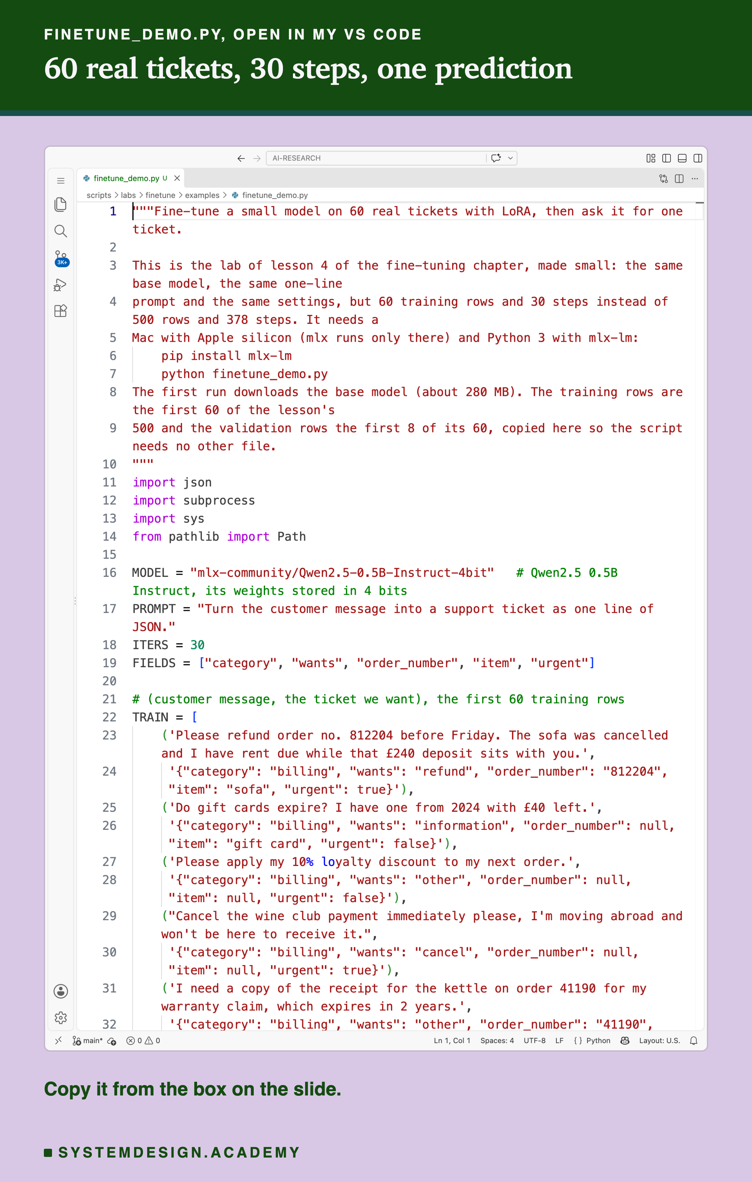 A real screenshot of VS Code with finetune_demo.py open, showing the top of the file: the docstring, the imports, the model name and the start of the training rows. The rest of the file is in the code box on this slide. Beneath: copy it from the box on the slide.