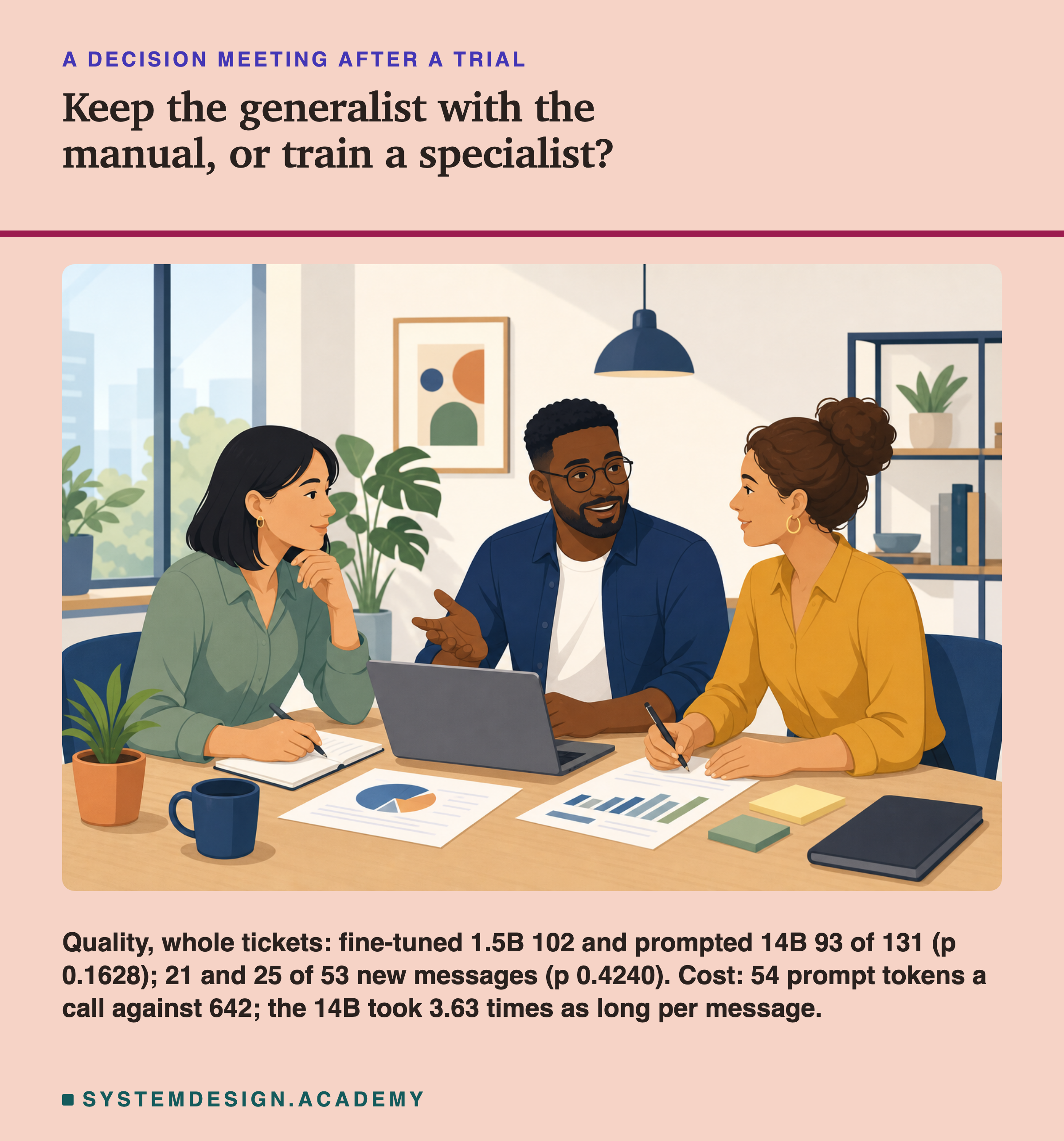 An illustration of three people at a table in a bright office, one man in the middle talking with his hands and two women listening and taking notes, with a laptop, a mug, a notebook and printed pages of charts on the table. Headed a decision meeting after a trial, titled keep the generalist with the manual, or train a specialist? Beneath: quality, whole tickets: fine-tuned 1.5B 102 and prompted 14B 93 of 131 (p 0.1628); 21 and 25 of 53 new messages (p 0.4240). Cost: 54 prompt tokens a call against 642; the 14B took 3.63 times as long per message.