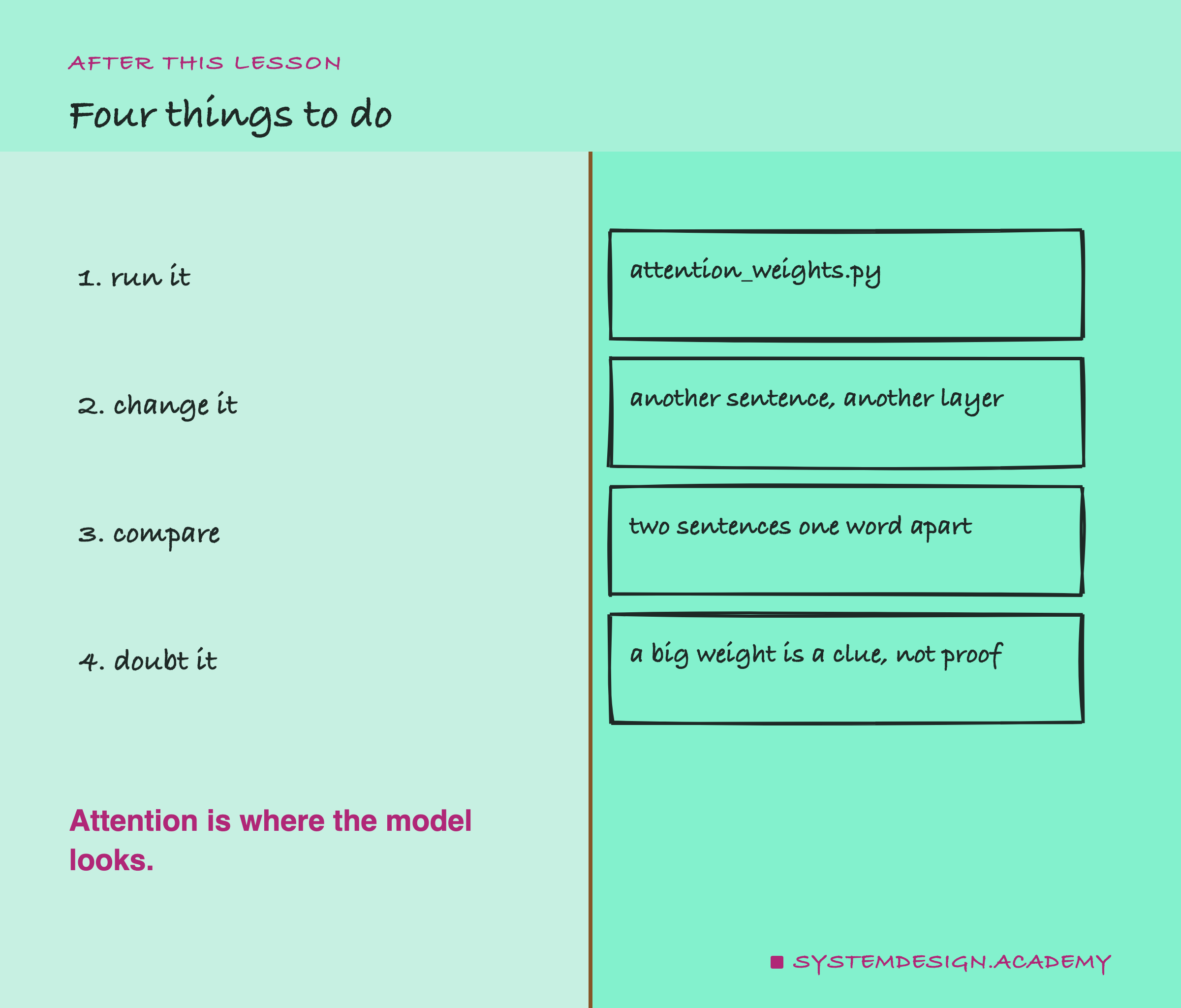 A hand-drawn list of four steps. 1, run it: attention_weights.py. 2, change it: another sentence, another layer. 3, compare: two sentences one word apart. 4, doubt it: a big weight is a clue, not proof. Beneath: attention is where the model looks.
